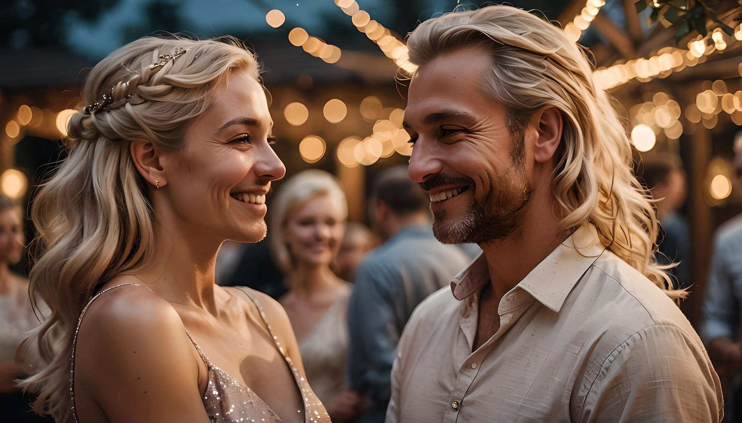 A woman dancing with an older man. They are looking into each other's eyes and they are thinking about following up this vertical dance with another sort.