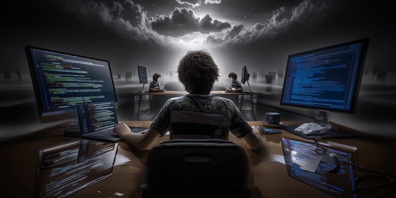 A surreal digital illustration of a software developer sitting at a desk with computer screens, where their reflection in the screen shows a much smaller, uncertain version of themselves.