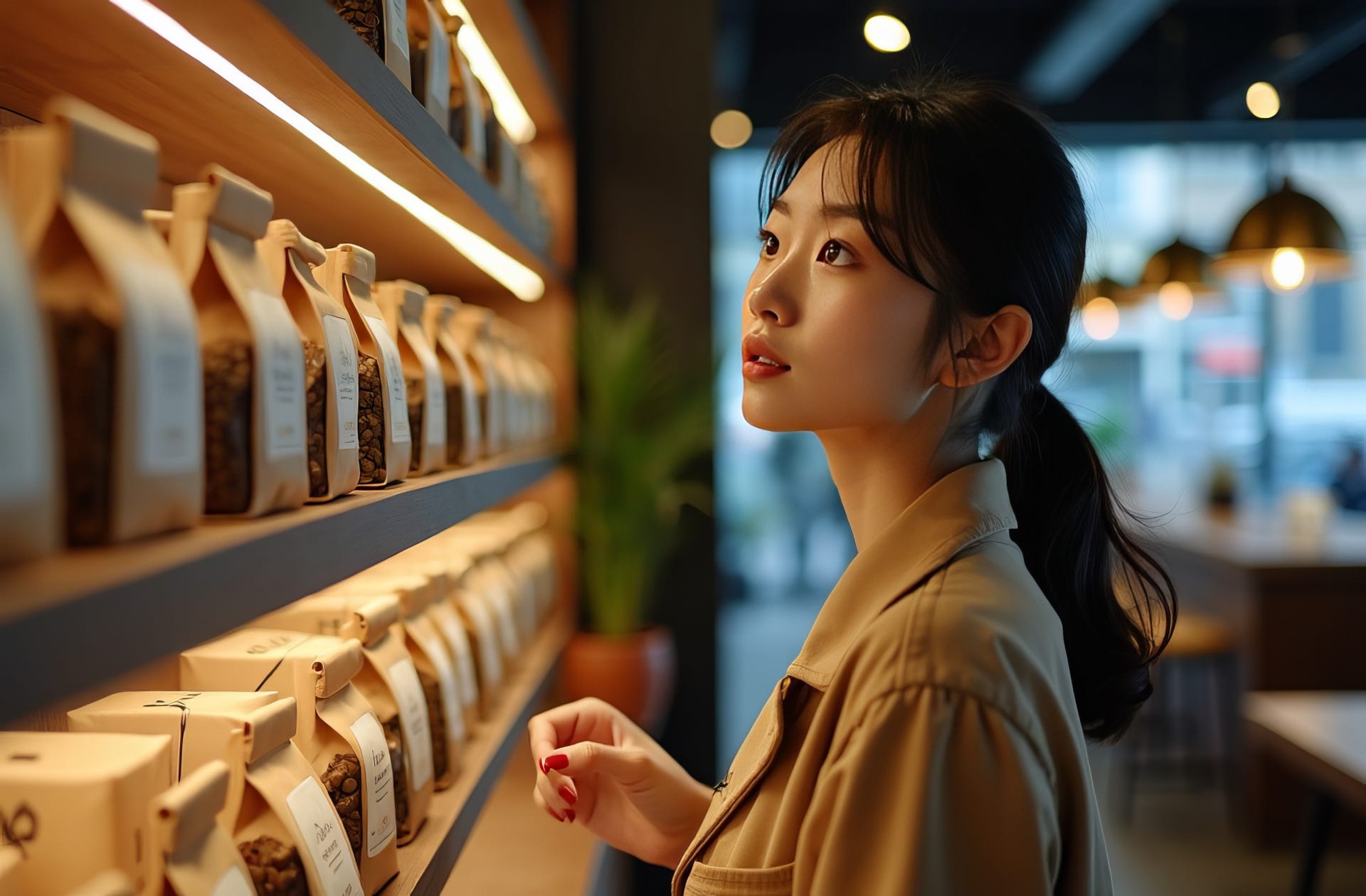 Young woman browsing a retail display of specialty coffee beans in a cafe.