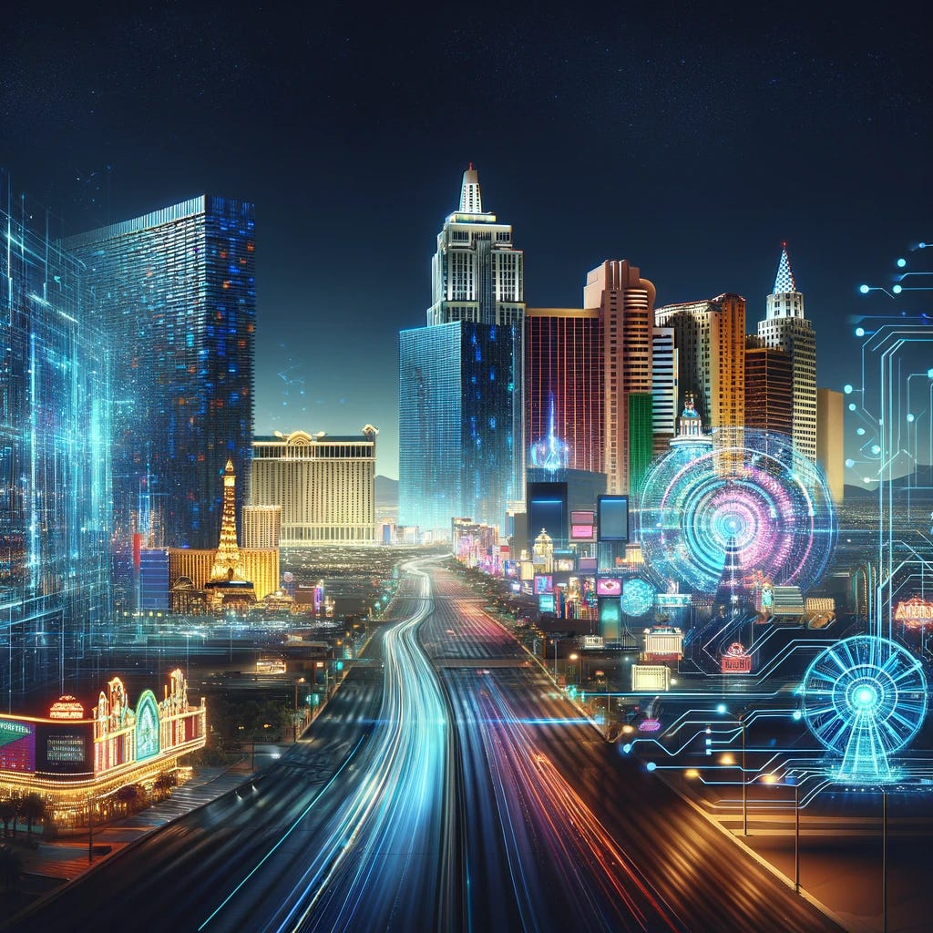 A futuristic, digitized representation of Las Vegas, showcasing neon lights, advanced technology, and a digital skyline. The image should convey a sense of modernity and innovation, blending traditional Las Vegas elements like casinos and entertainment with digital and cybernetic themes.