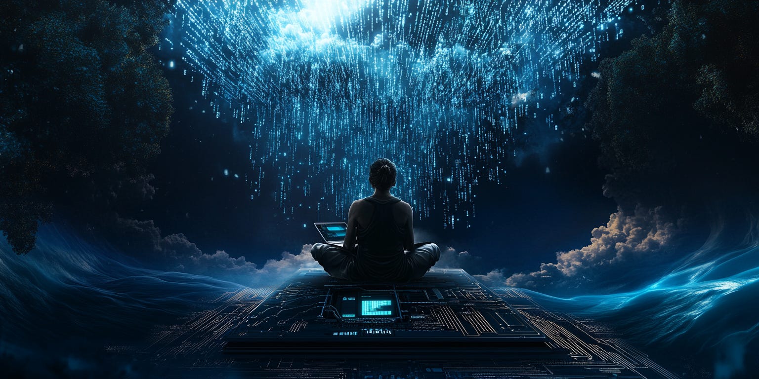 A serene ancient Greek philosopher sitting cross-legged on a floating circuit board island in a vast digital sea.