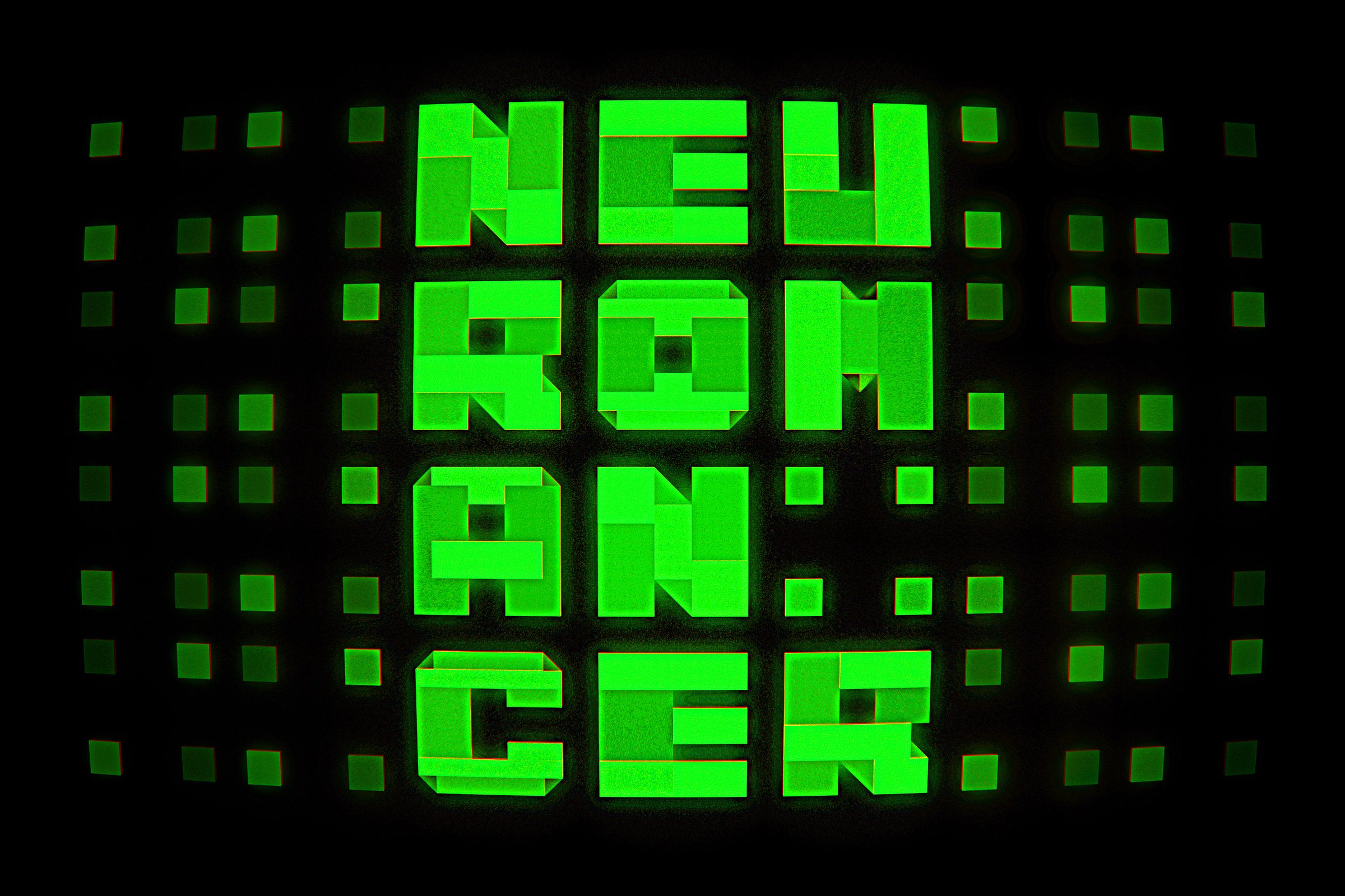 Illustration with the word "NEUROMANCER" in glitchy green on a black background and split into three sections arranged vertically (top to bottom): NEU / ROM / AN / CER