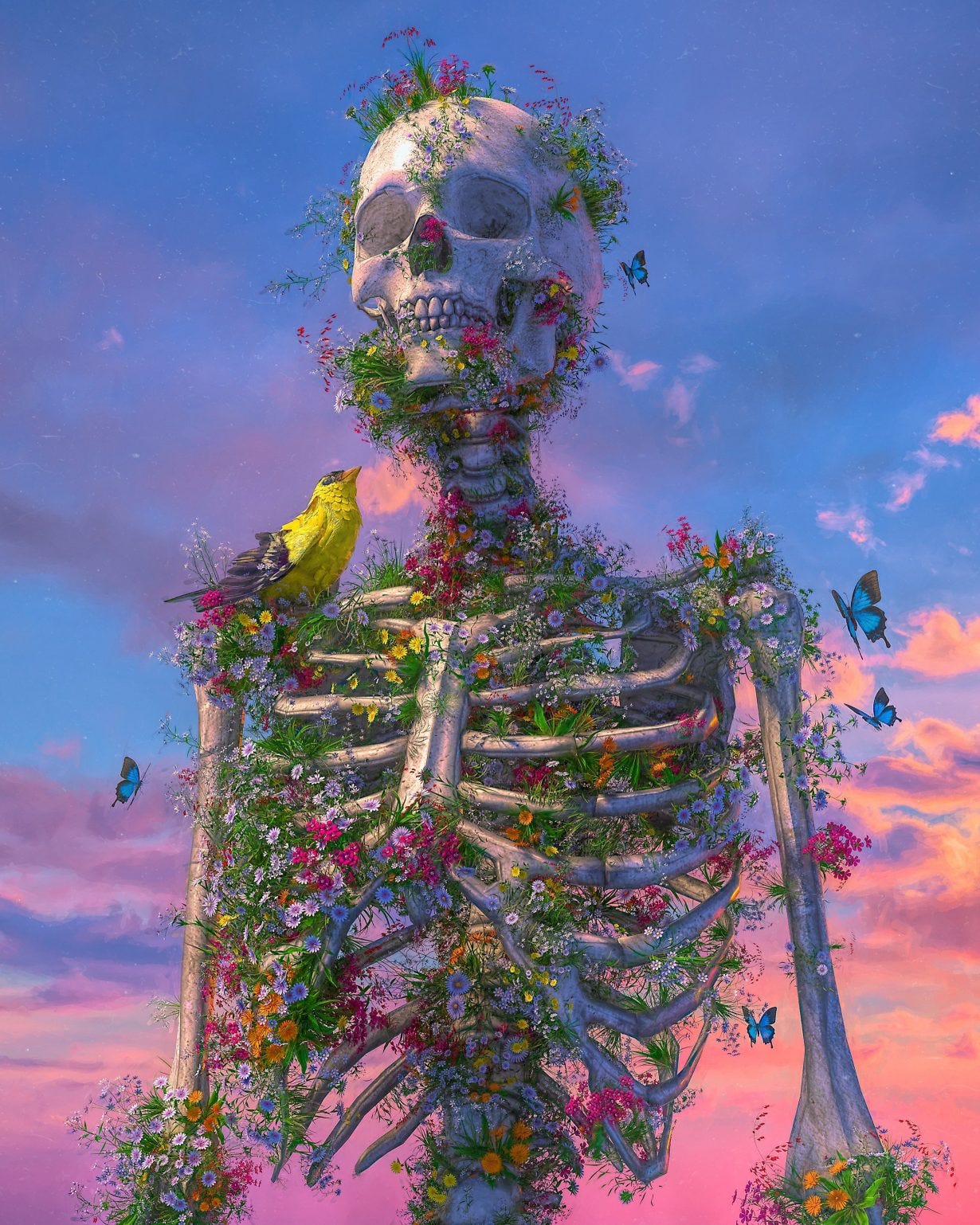 A massive skeleton with flowers blooming along its bones and a bird perched on its right shoulder.