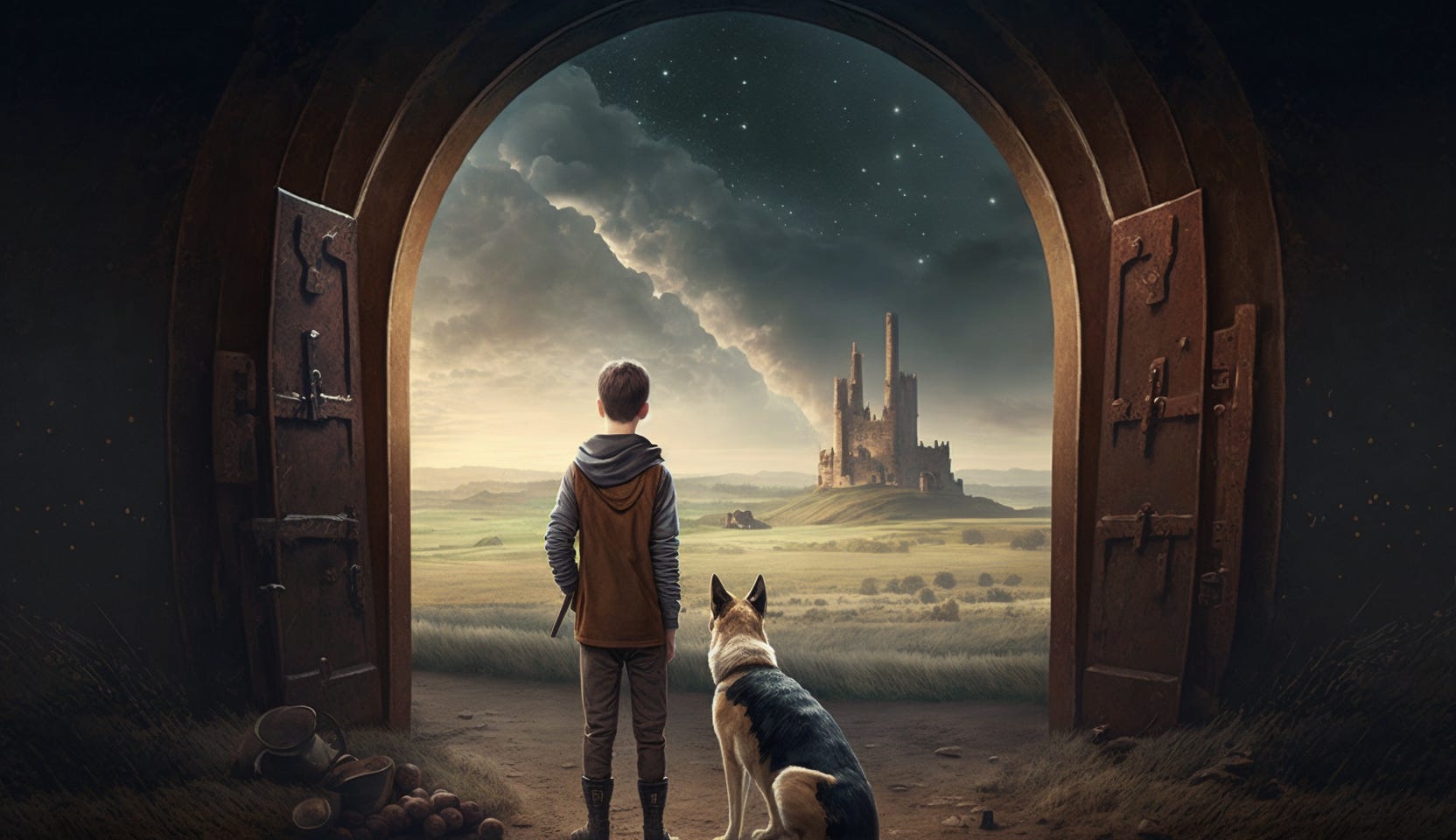 Midjourney painting of a boy and his dog looking across a field at a castle