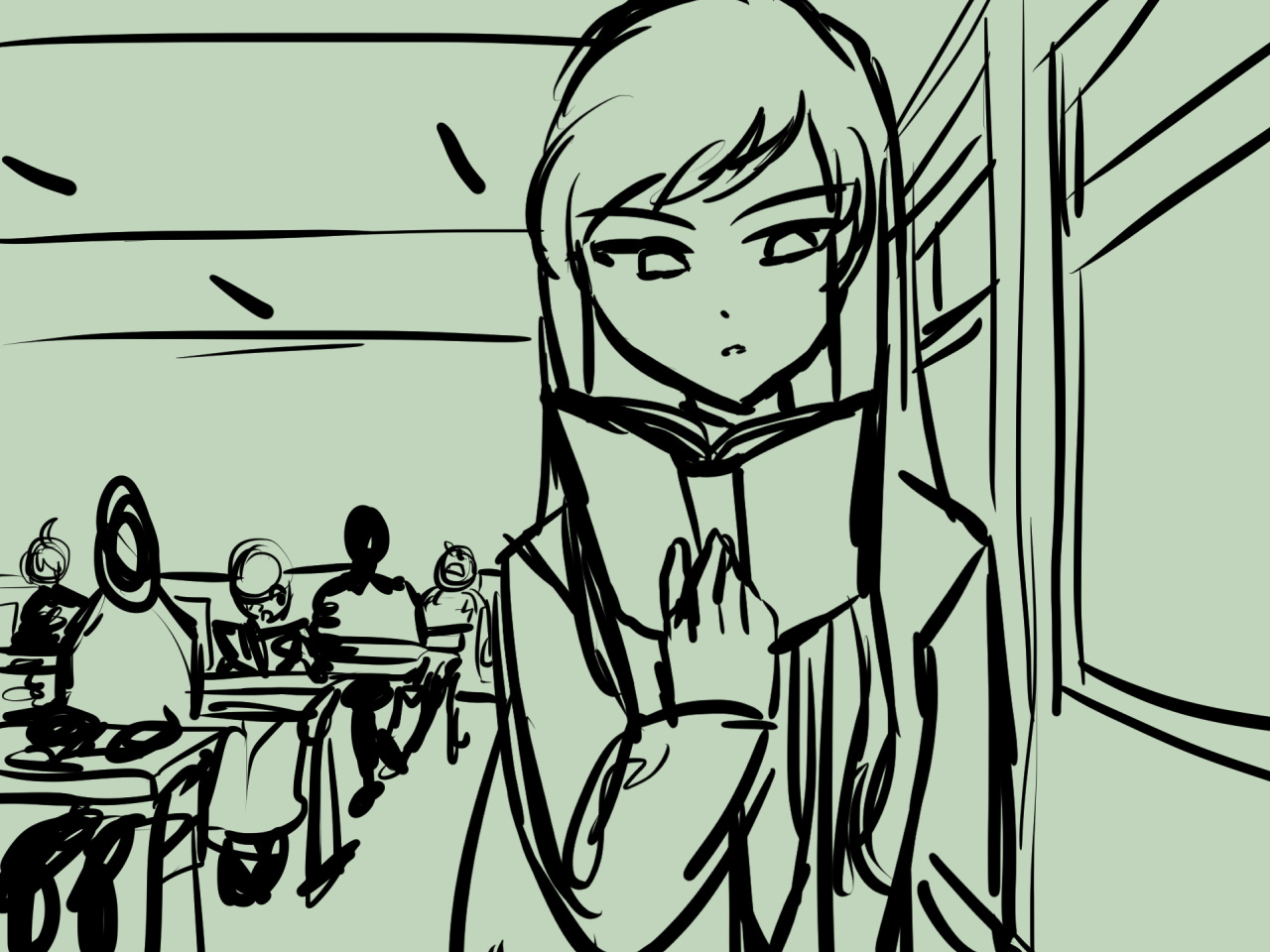 work in progress of the remade CG where Delilah is doing a class reading