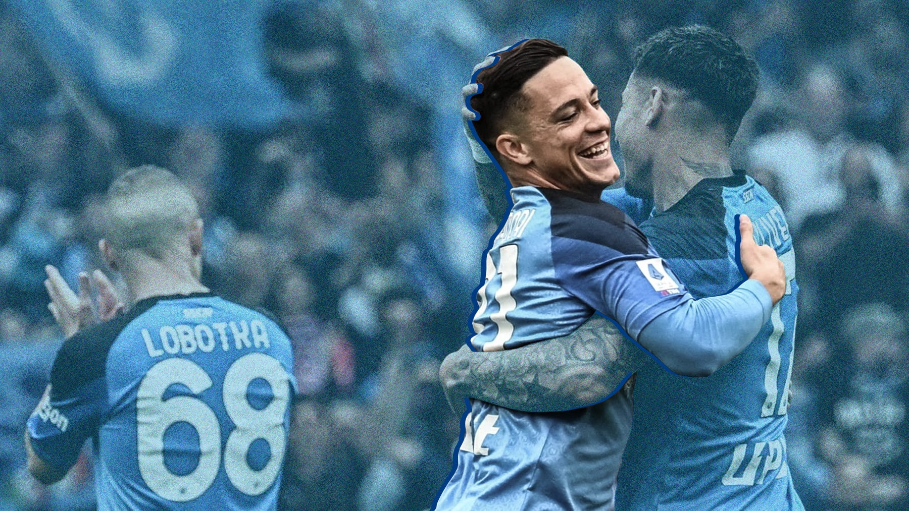 An edited photo of Giacomo Raspadori hugging team-mates Mathis Olivera with Stanislav Lobotka clapping fans behind them. Raspadori is in clear colours while the rest of the image is covered in a light blue hue