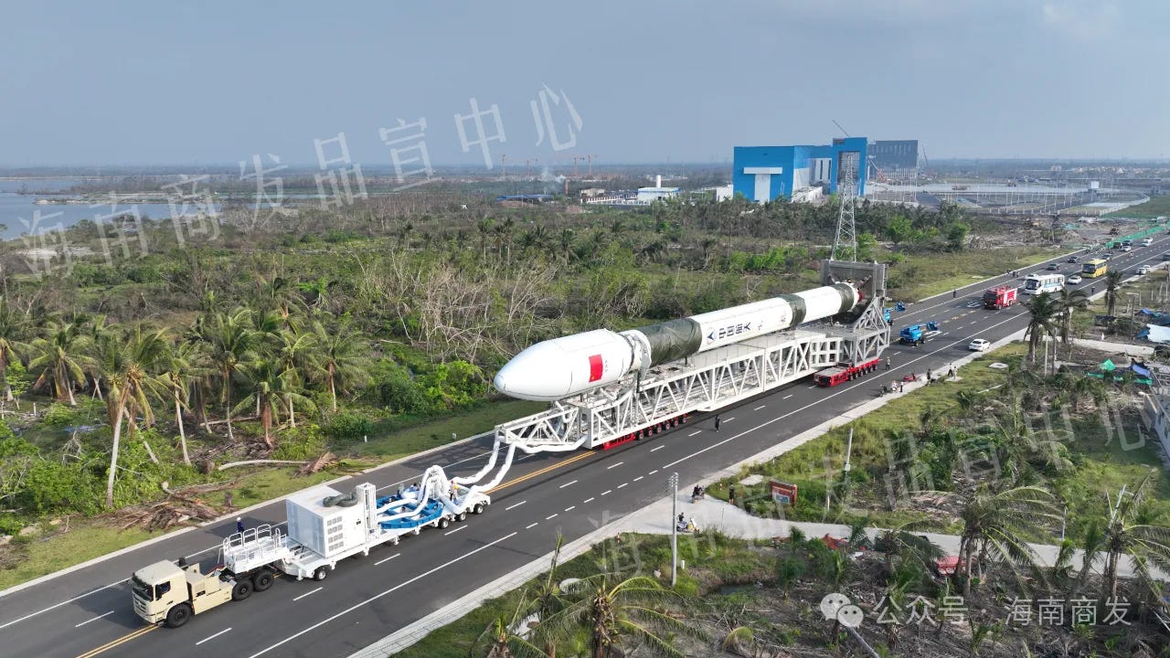 The Long March 12 Y1 vehicle during transportation to the launch pad through the Wenchang Commerical Space Launch Site.