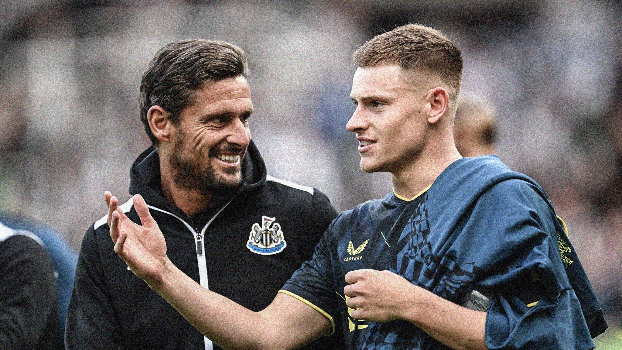 A photo featuring a smiling Jason Tindall and Harvey Barnes
