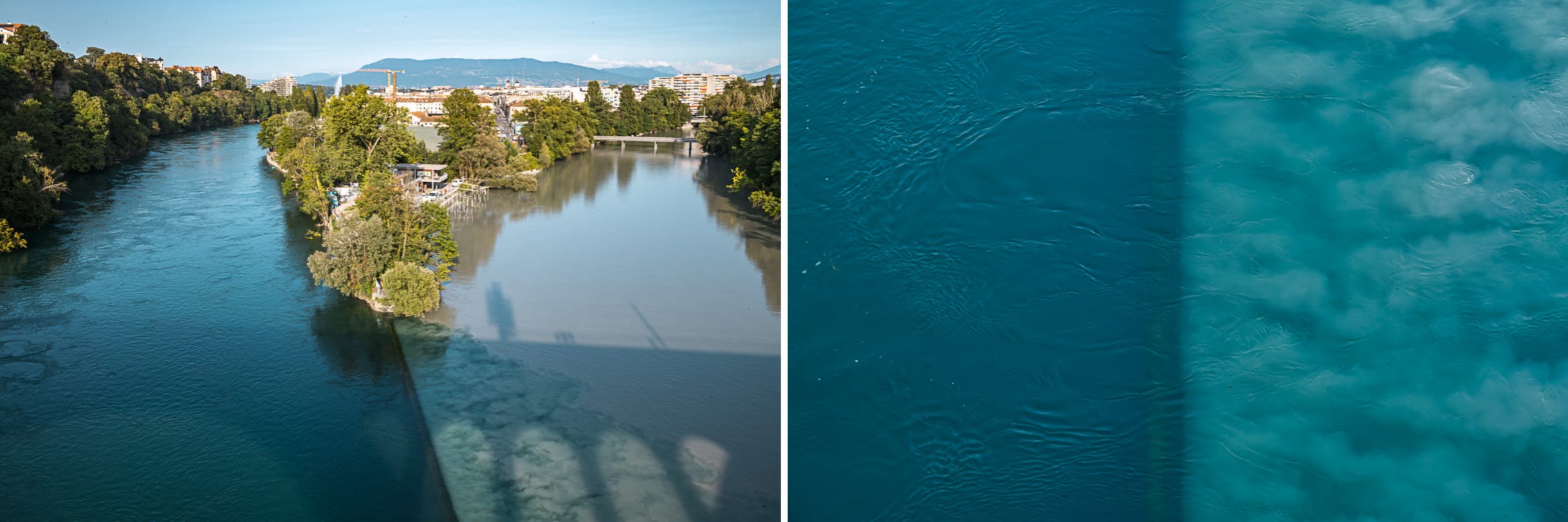 Confluence of the Rhone and Arve rivers. 1/45, f/16, ISO125, 28mm & 1/125, F/8, ISO800, 90mm