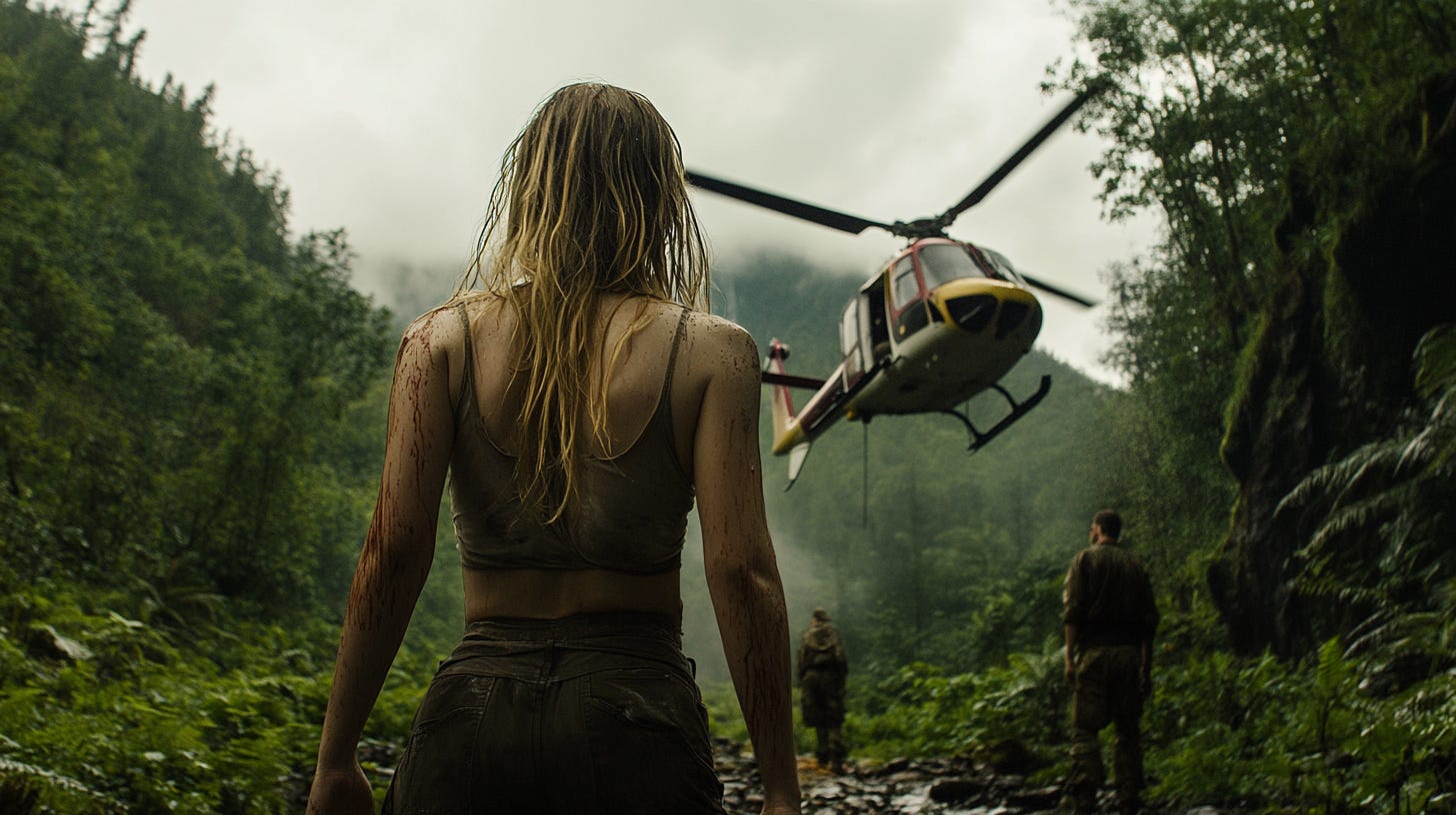 /imagine prompt: end scene photography shot of Emily finally found the helicopter rescue team, wide camera angle — cref https://s.mj.run/v-bkWDK3plU — sref https://s.mj.run/v-bkWDK3plU — sw 40 — ar 16:9 — v 6.1