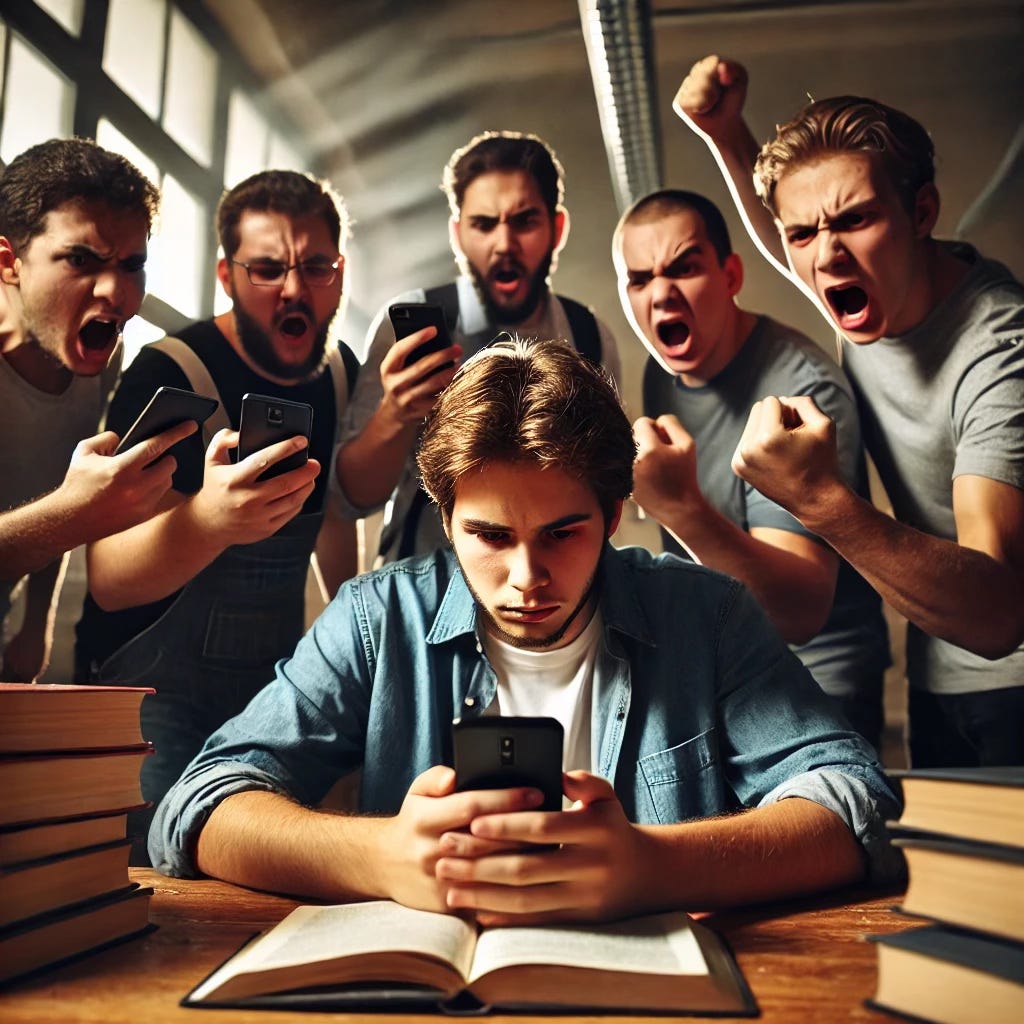 a young man sitting at a desk while a group of other young men yell at him