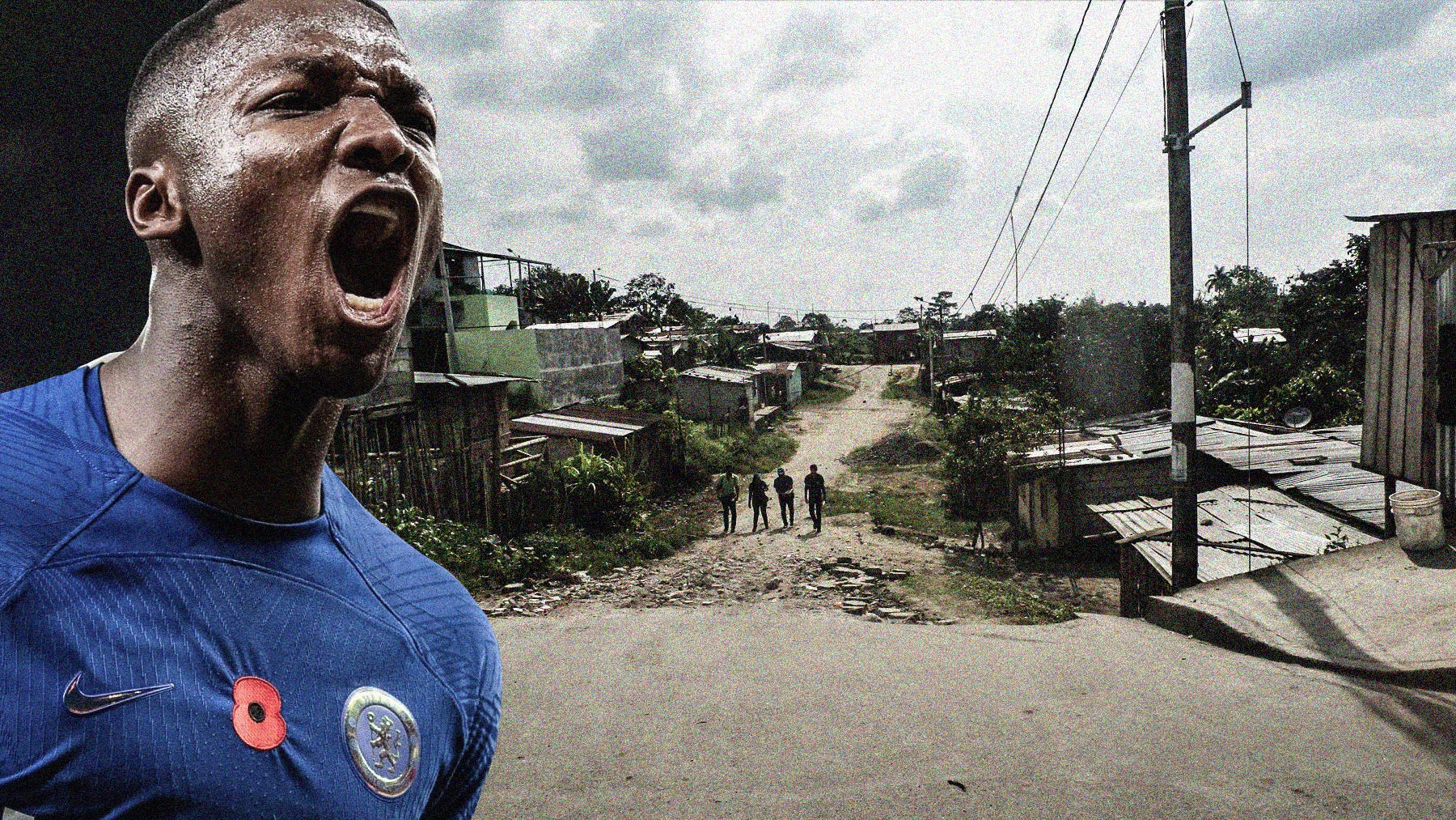 A composite image featuring a close-up photo of Moisés Caicedo roaring in a Chelsea shirt overlayed onto a wide-frame photo of a street in Santo Domingo, his home town in Ecuador.