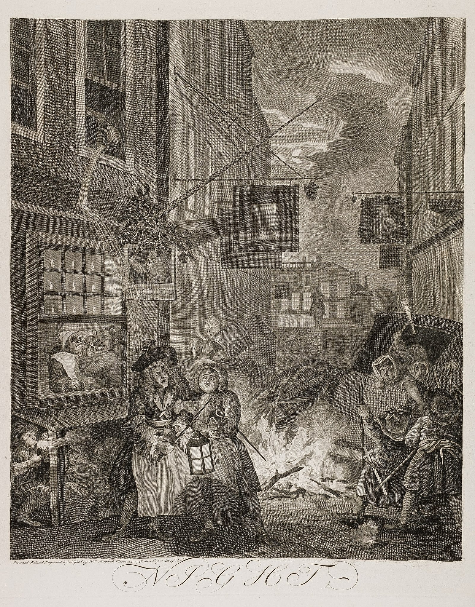 City scene at night set in street with drunks, business signs, overturned carriage, people living under crude shelter, drunken men with lantern