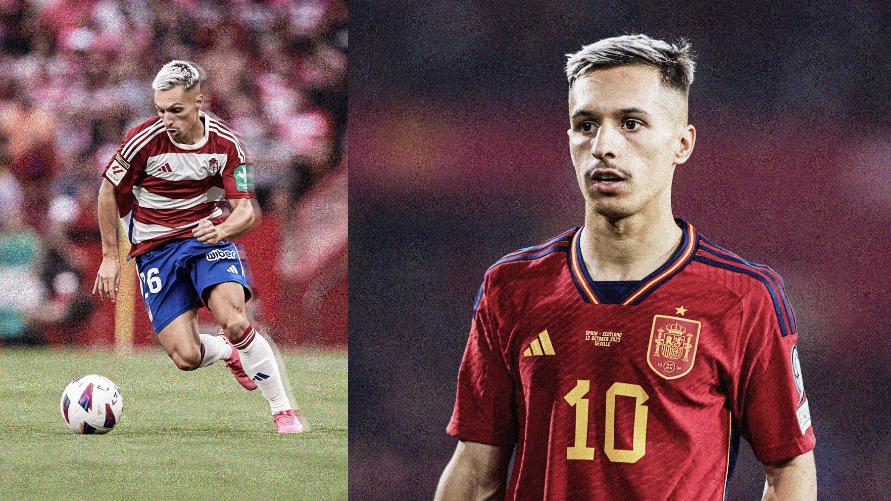 A composite image of Bryan Zaragoza. On the left is him dribbling with the ball for Granada; on the right is a close-up photo of him in a Spain shirt