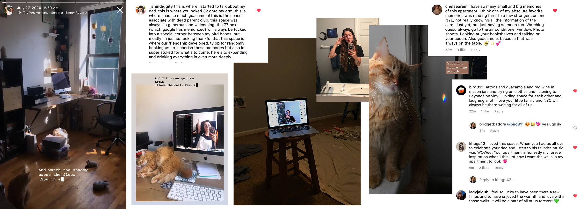 a collage of 5 photographs and 3 screenshots of instagram comments with text. The collage links to an instagram post by Bridget saying goodbye to their apartment at 77 Wyckoff Avenue. From left to right, the images are as follows: 1) a screenshot of an instagram story by Bridget Badore on July 27 2020, 8:50am. The image shows a corner view of an apartment with a window and sunlight shining on the almost empty walls. There are boxes on the floor and trinkets still on the shelves and hanging in the windows. The Weakerthans song “sun in an empty room” is added to the story. 2) Another screenshot of an instagram story. Bridget is taking a selfie in the facetime camera on their desktop computer. An orange cat is asleep to the left of the computer. The lorde song “buzzcut season” is added to the story and the lyrics “I’ll never go home again” are written. 3) a screenshot of an instagram comment by _shindiggity that reads “this is where i started to talk about my dad. this is where you poked 32 onto my arm. this is where i had so much guacamole! this is the space i associate with dead parent club. this space was always so generous and welcoming. the 77 box (which google has memorized) will always be tucked into a special corner between my bird bones. but mostly im just so tucking thankful that this space is where our friendship developed. ty dp for randomly hooking us up. I cherish these moments but also im super stoked for what’s to come. here’s to expanding and drinking everything in even more deeply!” 4) a phone selfie in the facetime camera of bridget’s laptop computer, now sitting atop a stool in an empty, dark, carpeted room with painting supplies and dropcloth on the floor. 5) a bathroom mirror selfie where bridget appears to be crying, face red, wiping their eyes. 6) fluffy orange cat in a window with a rainbow prism reflecting off the walls. Text atop reads “god i miss my apartment so much.” 7) another instagram comment, from chelsearein: “I have so many small and big memories of this apartment. i think one of my absolute favorite memories was reading tarot to a few strangers on one NYE, not really knowing all the information of the cards yet, but having so much fun. Watching queso always go to the air conditioner window. Photo shoots. Looking at your bookshelves and talking on your couch. Also guacamole, because that was always on the table.” 8) one last screenshot of instagram comments. This screenshot features 3 comments. First, from bird811: “tattoos and guacamole and red wine in mason jars and trying on clothes and listening to beyonce on vinyl. holding space for each other and laughing a lot. I love your little family and nyc will always be there waiting for all of us.” The 2nd comment, from khags42: “i loved this space! when you had us all over to celebrate your dad and listen to his favorite music i was WOWed. Your apartment is honestly my forever inspiration when I think of how I want the walls in my apartment to look.” 3rd caption, from ladyjaiduh: “I feel so lucky to have been there a few times and to have enjoyed the warmth and love within those walls. It will be a part of all of us forever.”