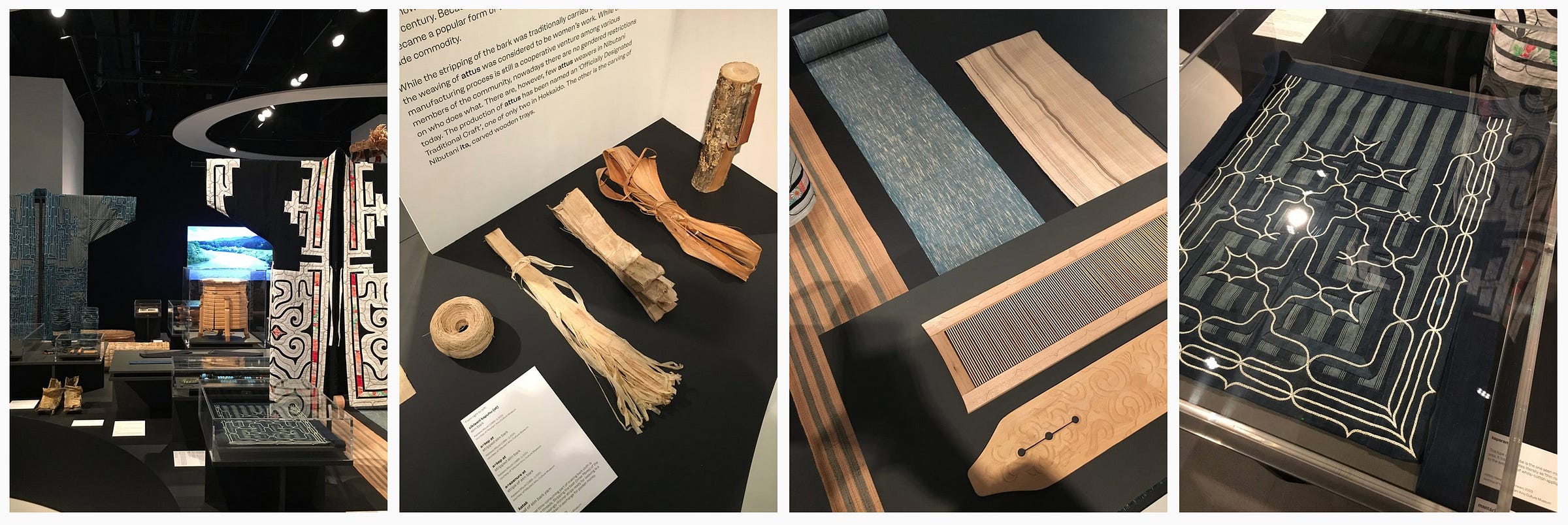 1. Room of the exhibit showing a variety of robes (cikarkarpe, kaparamip and attus amip) and artefacts; 2. The process to make elm barkcloth fibre from bark to yarn; 3. Example of barkcloths (back) and heddle and paddle weaving tools (front); 4. A mantari (apron) made from cotton with embroidery. 
