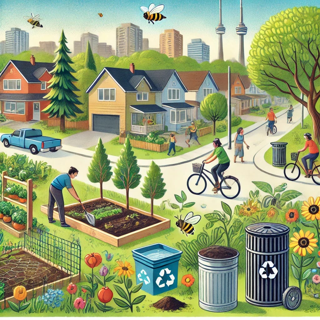 An image illustrating practical, community-driven environmental initiatives in Canada. The scene includes a community garden with people planting vegetables, tree planting efforts in a green urban park, composting bins, a rainwater collection barrel, and a group of pollinator-friendly flowers with bees and butterflies. In the background, there is a safe bike path with cyclists and a modest suburban neighborhood. The setting is bright and inviting, capturing Canadian landscapes with both urban and rural elements, emphasizing sustainability and local action for environmental stewardship.