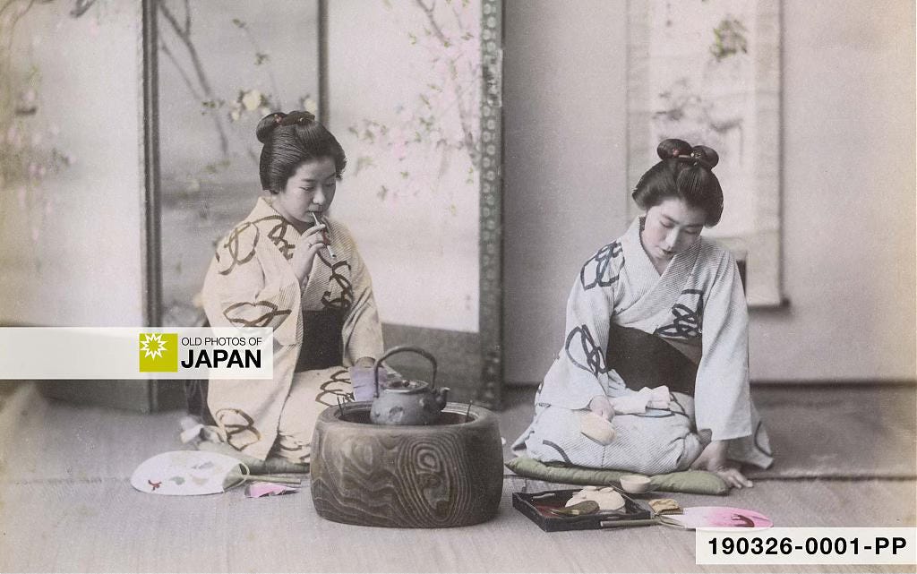 Japanese women seated next to a hibachi, 1890s Japanese women seated next to a hibachi, 1890s