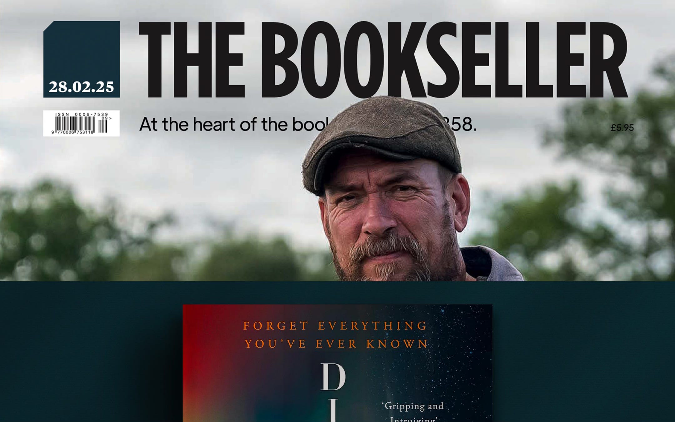 Split screenshot shows a man with a flatcap under the title THE BOOKSELLER, and a book cover