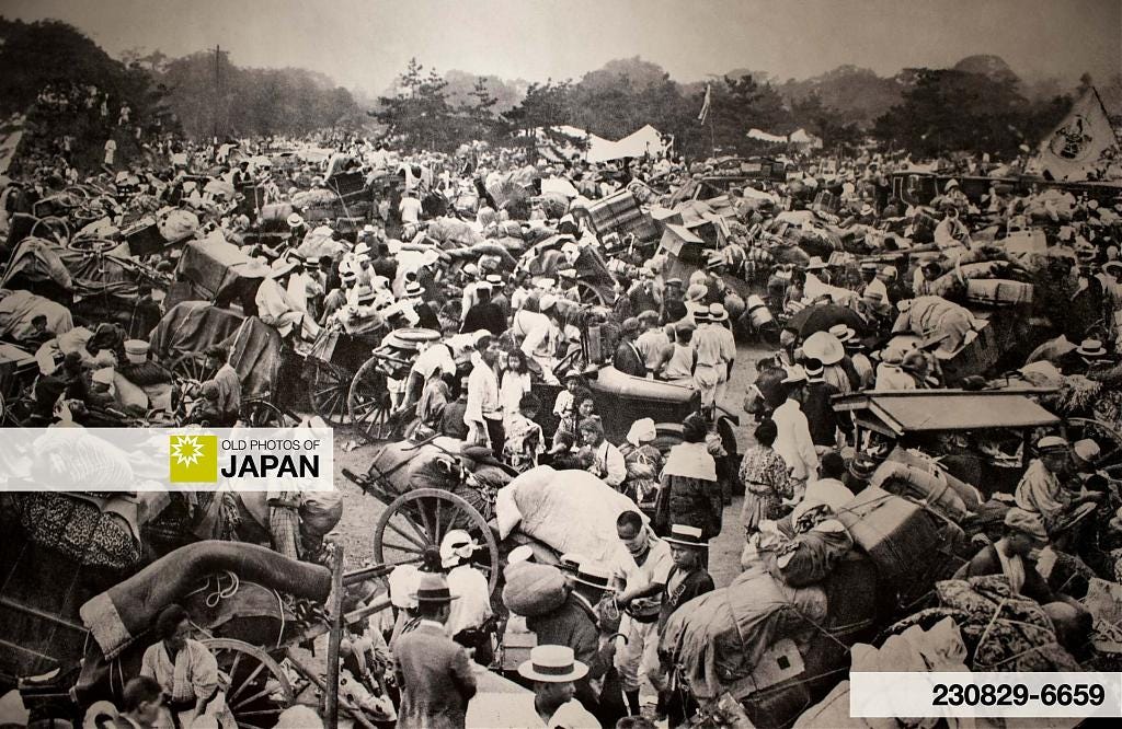 Displaced people at the Imperial Palace in Tokyo on September 1, 1923