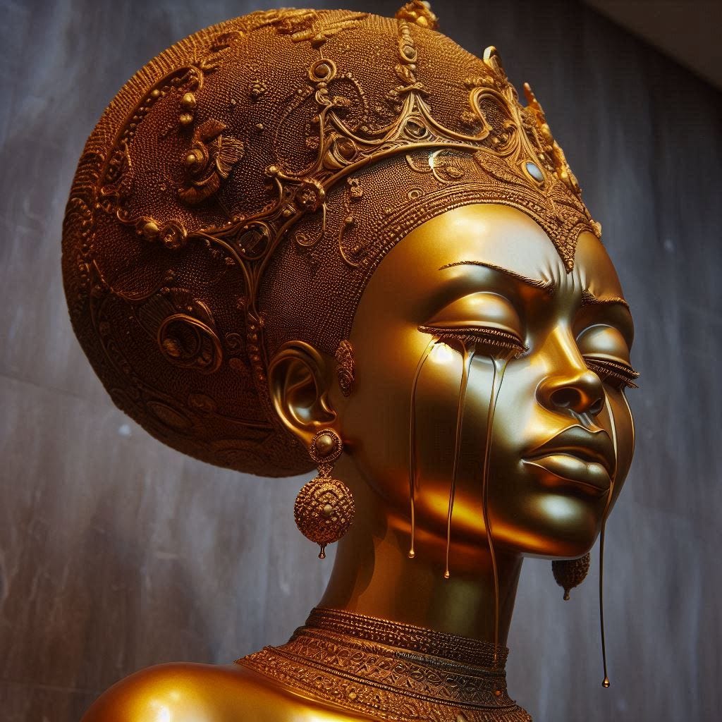 Afrocentric golden statue goddess with tears, capturing both strength and deep emotion