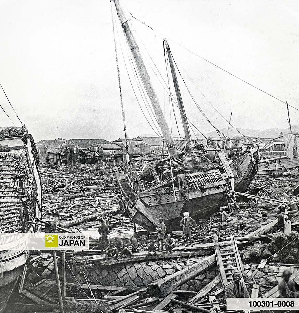 Glass slide by Auguste Gordes of the damage caused to Kobe by the 1871 typhoon