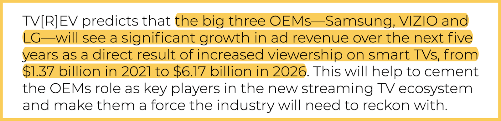 Smart TV ad revenue projections from TV[R]EV analysts. Source: “The Emerging Smart TV Ecosystem,” page 4 (highlights added by me)