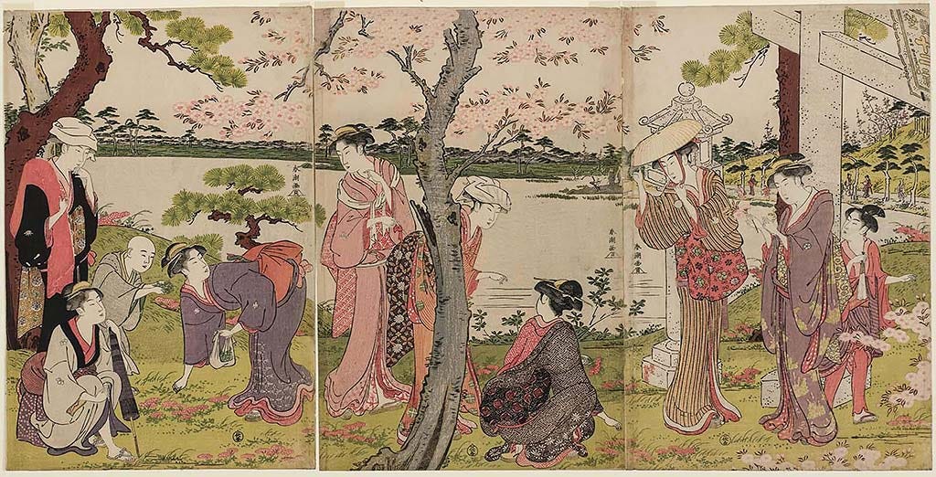 Woodblock print of women gathering spring flowers at Jūnisō Pond in the late 1780s