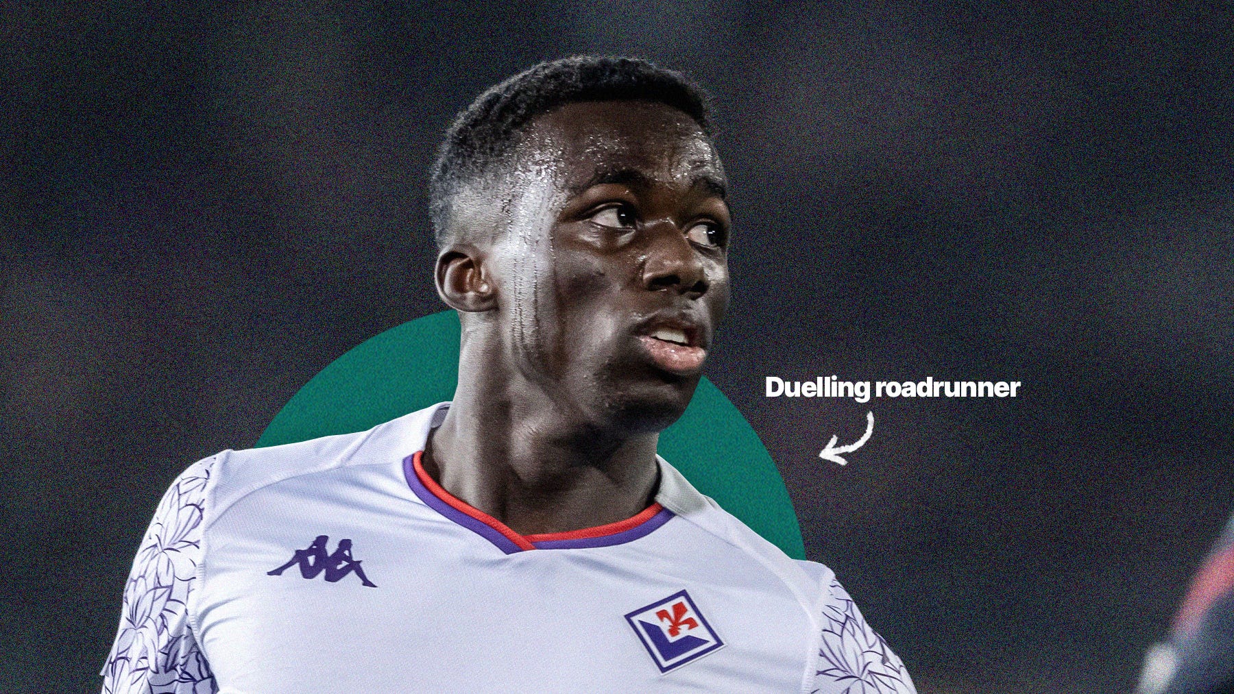 A photo of Michael Kayode wearing a white Fiorentina kit with purple trim set against a dark, blurred background.