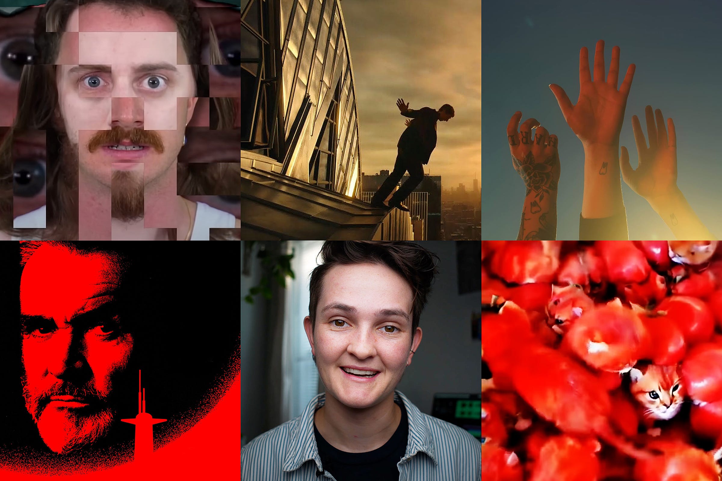 A graphic grid of six different images (from left to right, top to bottom): Brian David Gilbert and Tom Cardy face mashup from their Beautiful Mind video, image from Metropolis, Boygenius's "The Record" album cover, movie poster for "The Hunt for Red October," portrait image of video creator Becca Farsace, and tomato kittens 