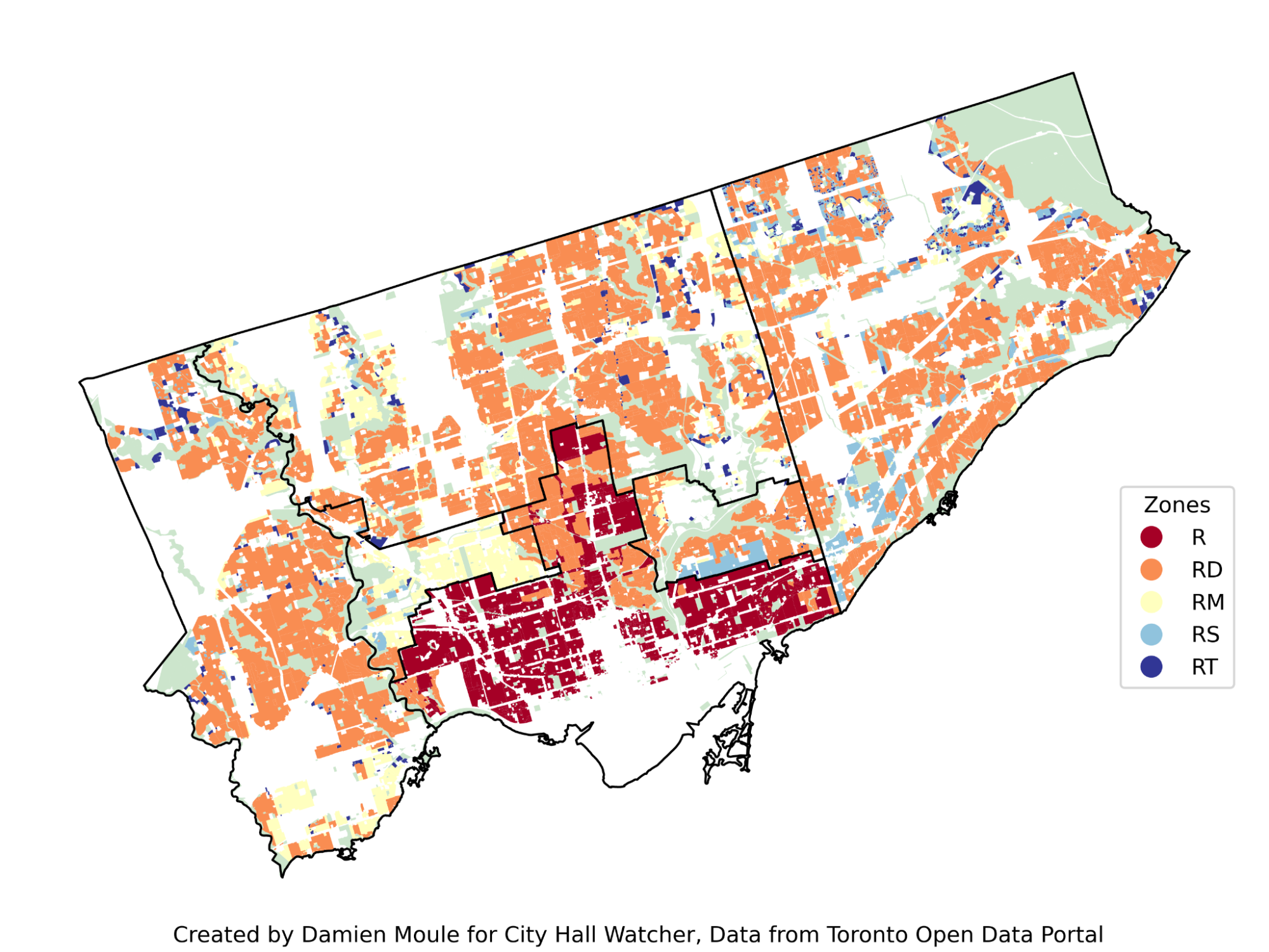 Zoning map for Toronto, showing much of the city under more restrictive "RD" zone where detached homes are prioritized