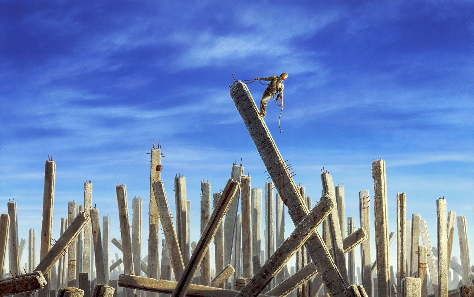 Rising against blue sky traced with wispy clouds, dozens of concrete pylons rise like skyscrapers in a downtown skyline, but on closer examination the clustered monoliths appear more like wreckage than progress as many tilt on diagonals as if toppling. With rope attached to rebar protruding from the top of one angled column in the foreground, a man glances back over his shoulder toward the sun off-panel just as he's about to reach the top. Rising against blue sky traced with wispy clouds, dozens of concrete pylons rise like skyscrapers in a downtown skyline, but on closer examination the clustered monoliths appear more like wreckage than progress as many tilt on diagonals as if toppling. With rope attached to rebar protruding from the top of one angled column in the foreground, a man glances back over his shoulder toward the sun off-panel just as he's about to reach the top.