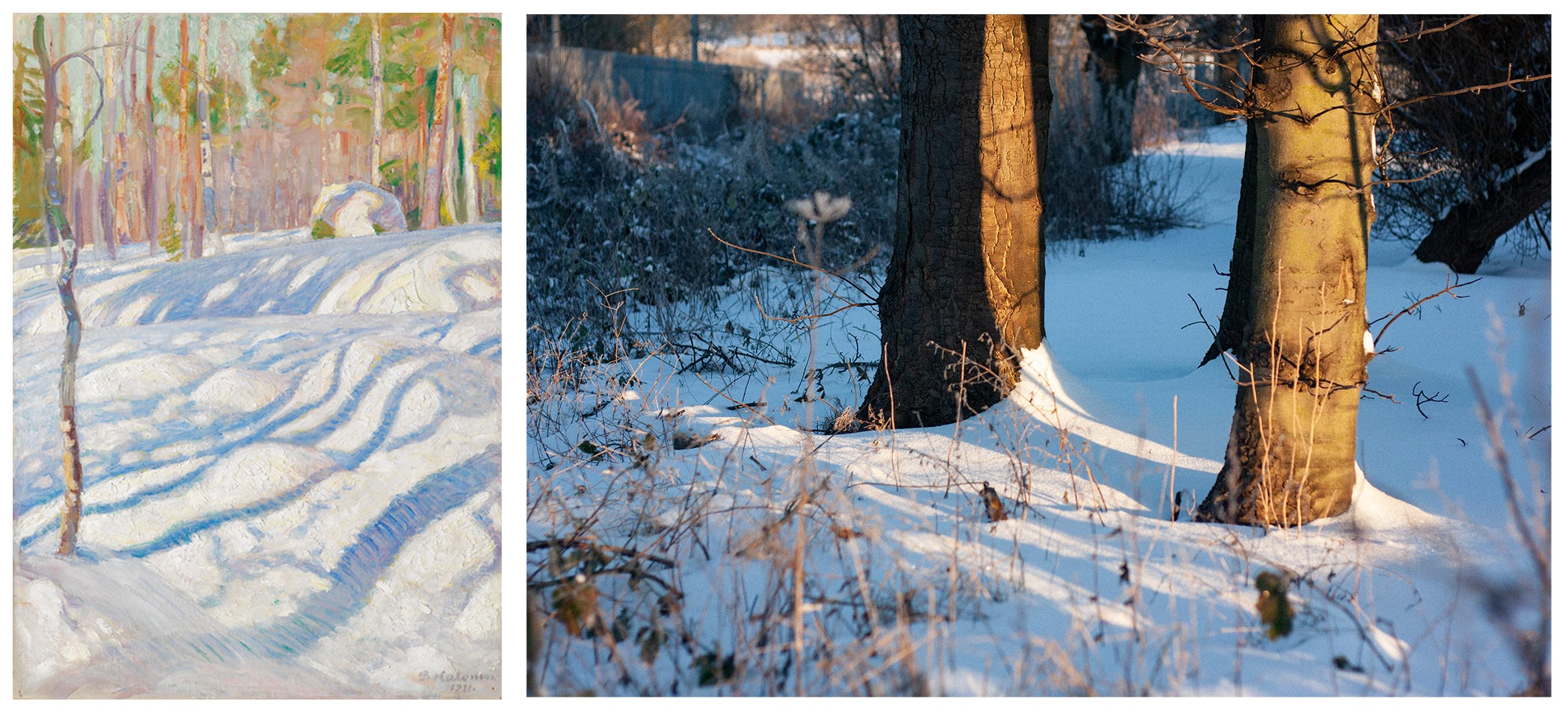 Right image is a bright painting of woods covered in snow, the trees are casting shadows on the snow covered ground and there are hints of bright green, orange and blues. Left image is a photograph of two tree trunks lit yellow in the sun, their shadows casting blue over the snowy ground.