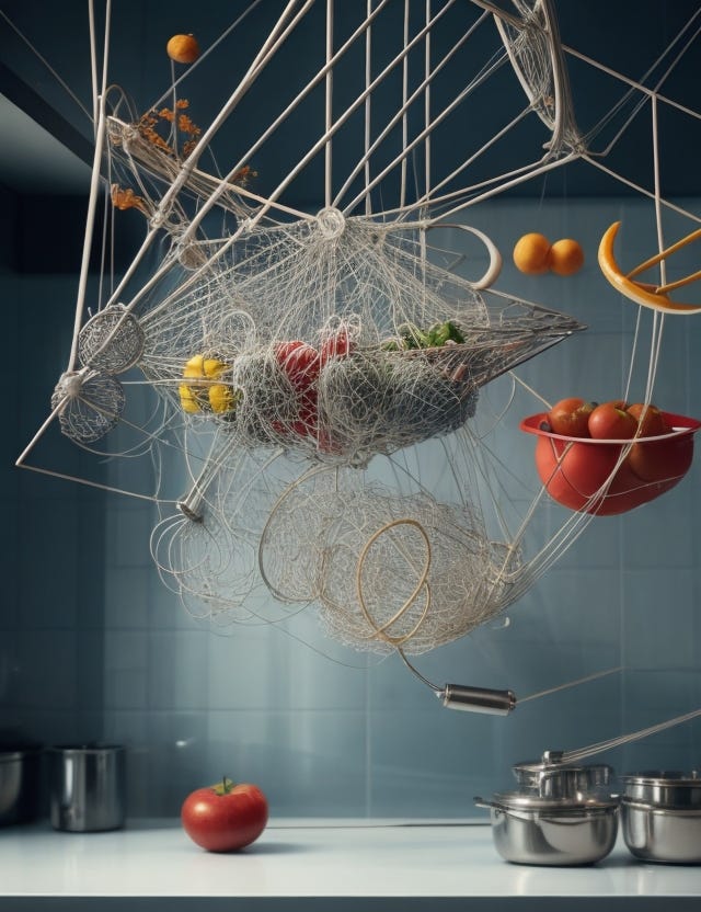 A realist image of random kitchen objects, connected by thin strings, suspended in a chaotic pattern.
