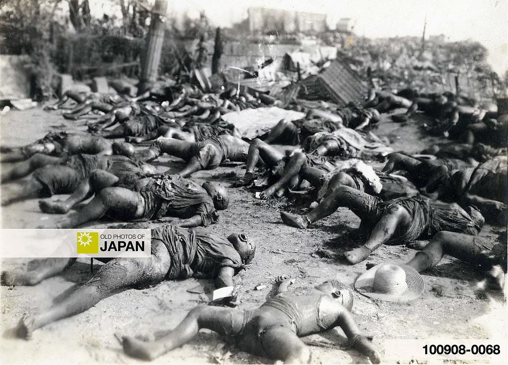 Neatly laid out victims of the fire tornado at the Honjo Army Clothing Depot in Tokyo, 1923