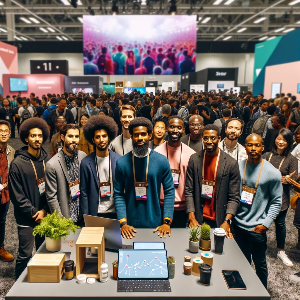 A vibrant and inclusive scene at a tech conference, featuring a diverse group of founders, including black individuals, standing confidently at their well-decorated booth. The booth is a hub of activity, with a crowd of engaged conference participants of different ethnicities interacting with the new app on various devices. The atmosphere is lively and welcoming, emphasizing diversity and collaboration. The setting is a bustling conference hall with other booths and attendees in the background.