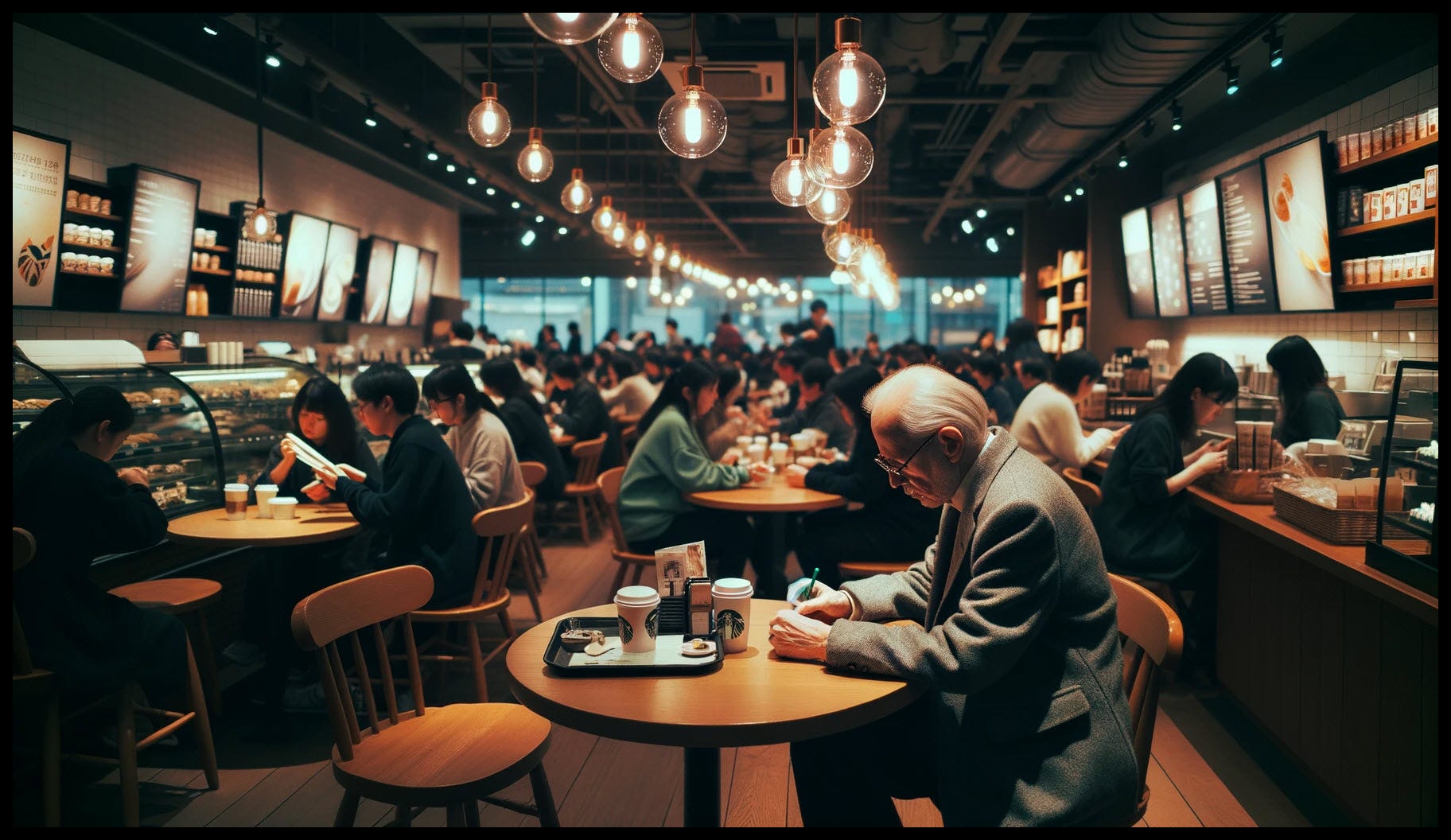 Gentleman at a table in a busy coffee shop.