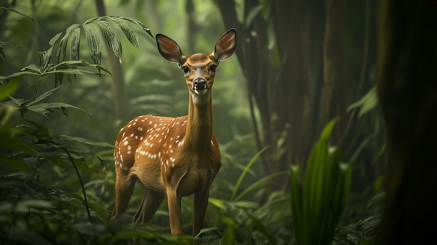 We introduce our dear main character — the deer through the “establishing shot”. /imagine prompt: an establishing photograph shot of a deer in the jungle — ar 16:9 — v 6.1