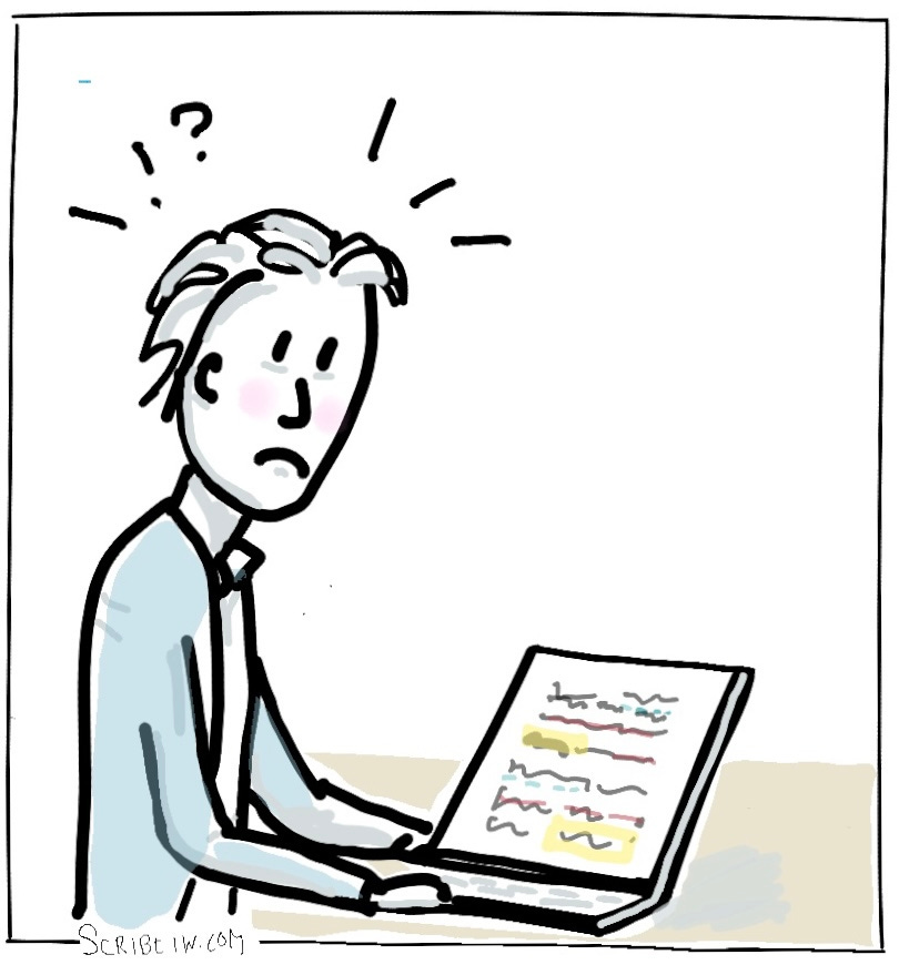 drawing of a planner looking at laptop screen open to a very marked up document