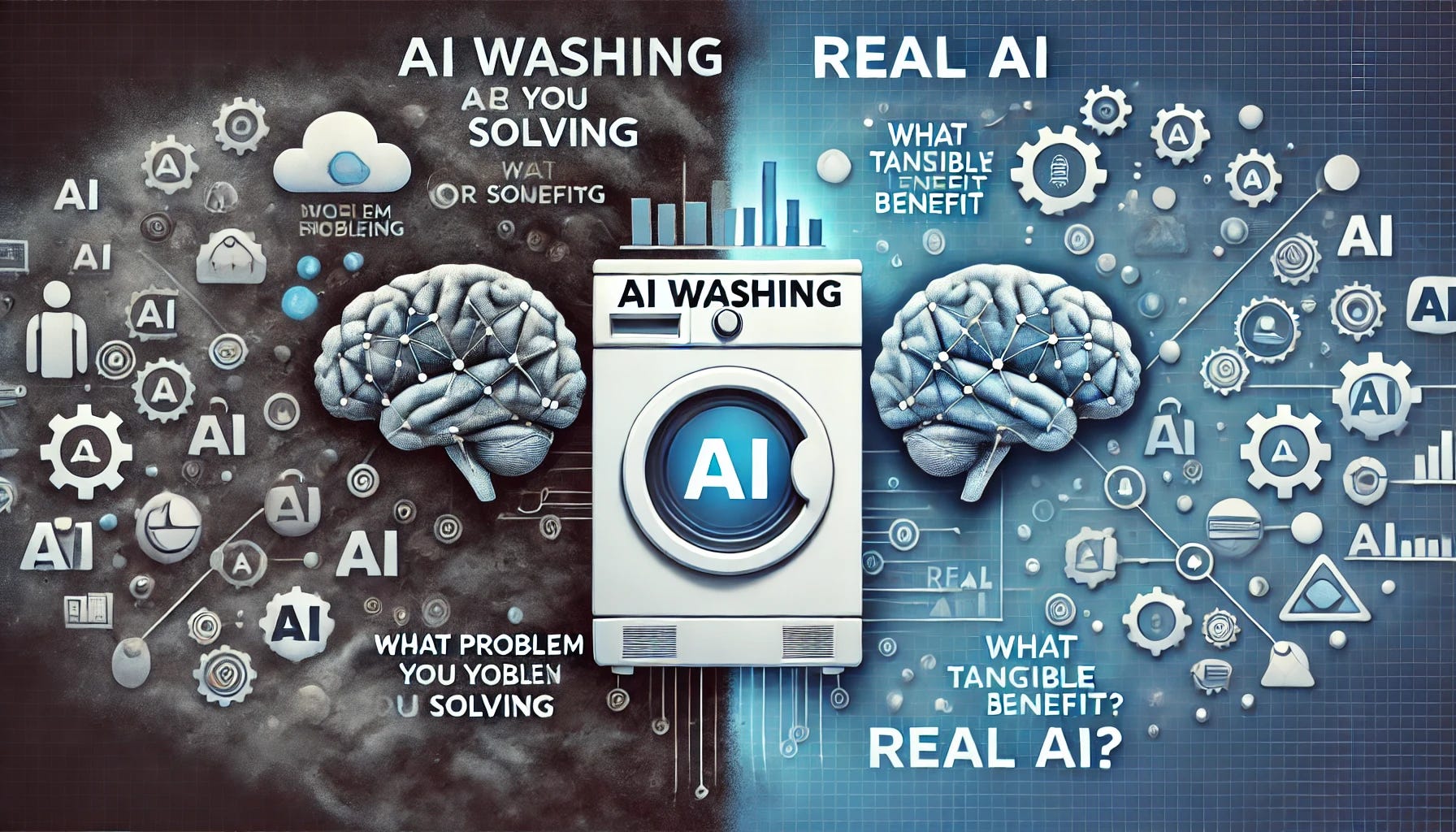 A wide horizontal visual representing 'AI Washing' vs. 'Real Artificial Intelligence.' The left side is a dark, blurry grey tone symbolizing AI Washing, while the right side is a bright blue or white, symbolizing Real AI. In the center, a large washing machine icon with 'AI Washing' written above it, and exaggerated 'AI' tags emerging from the machine. On the right side, a symbol representing real AI such as a brain-shaped neural network, a machine learning graph, or gears representing AI mechanics, with 'Real AI' written above. At the bottom, three speech bubbles ask, 'What problem are you solving?' 'What tangible benefit?' and 'What is lost without AI?' This design emphasizes the contrast between misleading AI claims and true AI innovation.