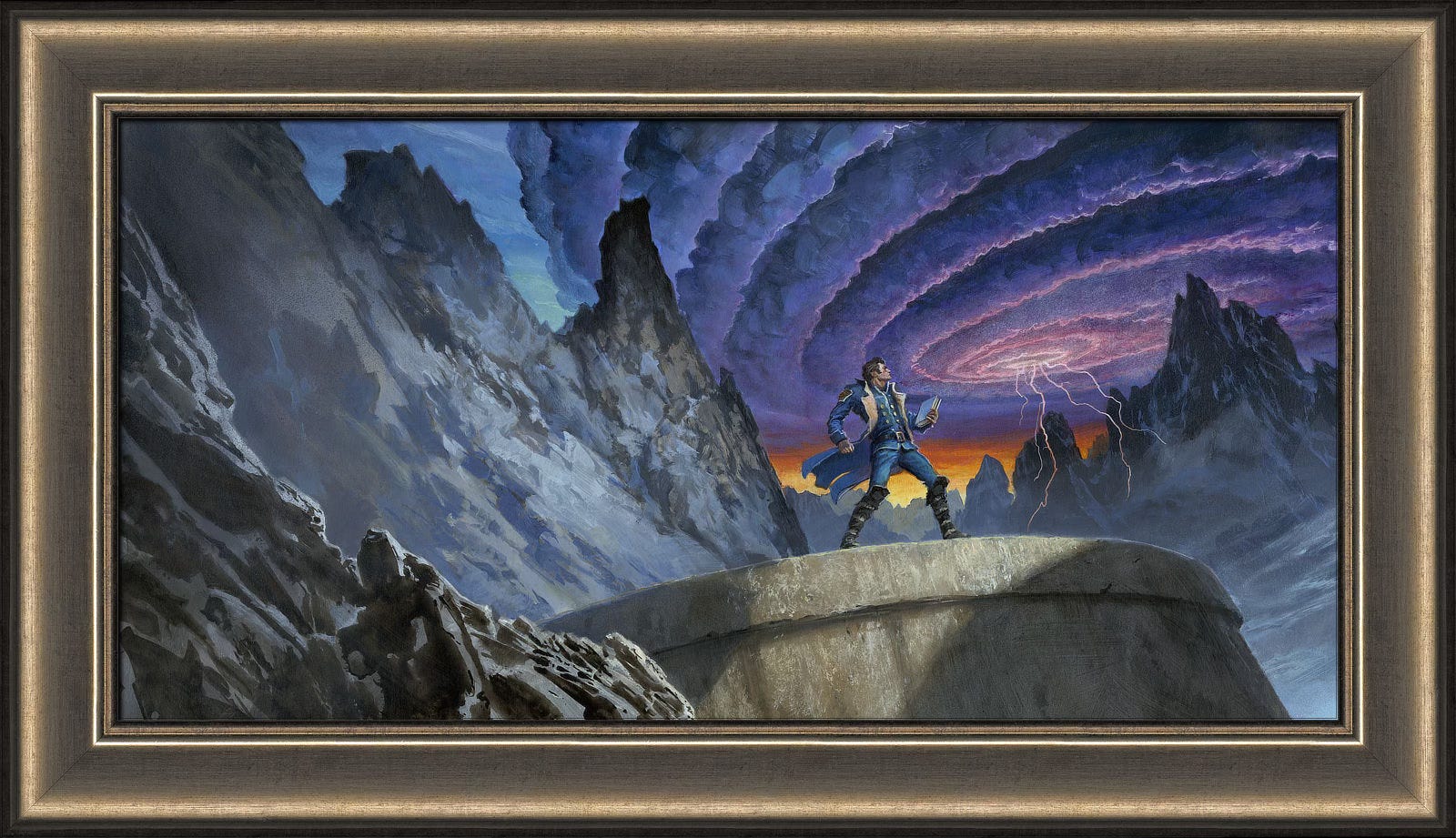 Framed color preliminary concept for WIND AND TRUTH featuring Dalinar Kholin in blue uniform holding a book in his left hand as the purple spiral of the Evertstorm approaches. The spiral brightens at its center with forks of lighting looking like the legs of a jellyfish. Dalinar stands on a platform that rises high against snow covered mountains. The low angled perspective is disorienting.