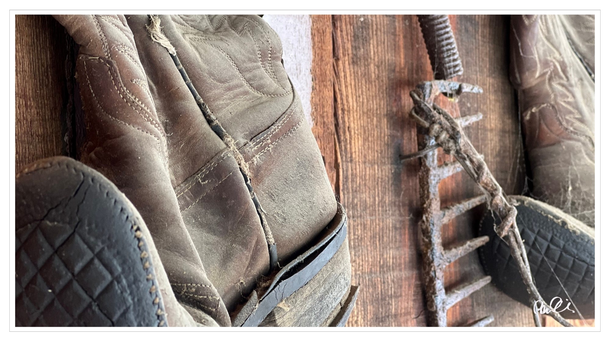 Hanging cowboy boots, rusted rake, Apache Junction, AZ