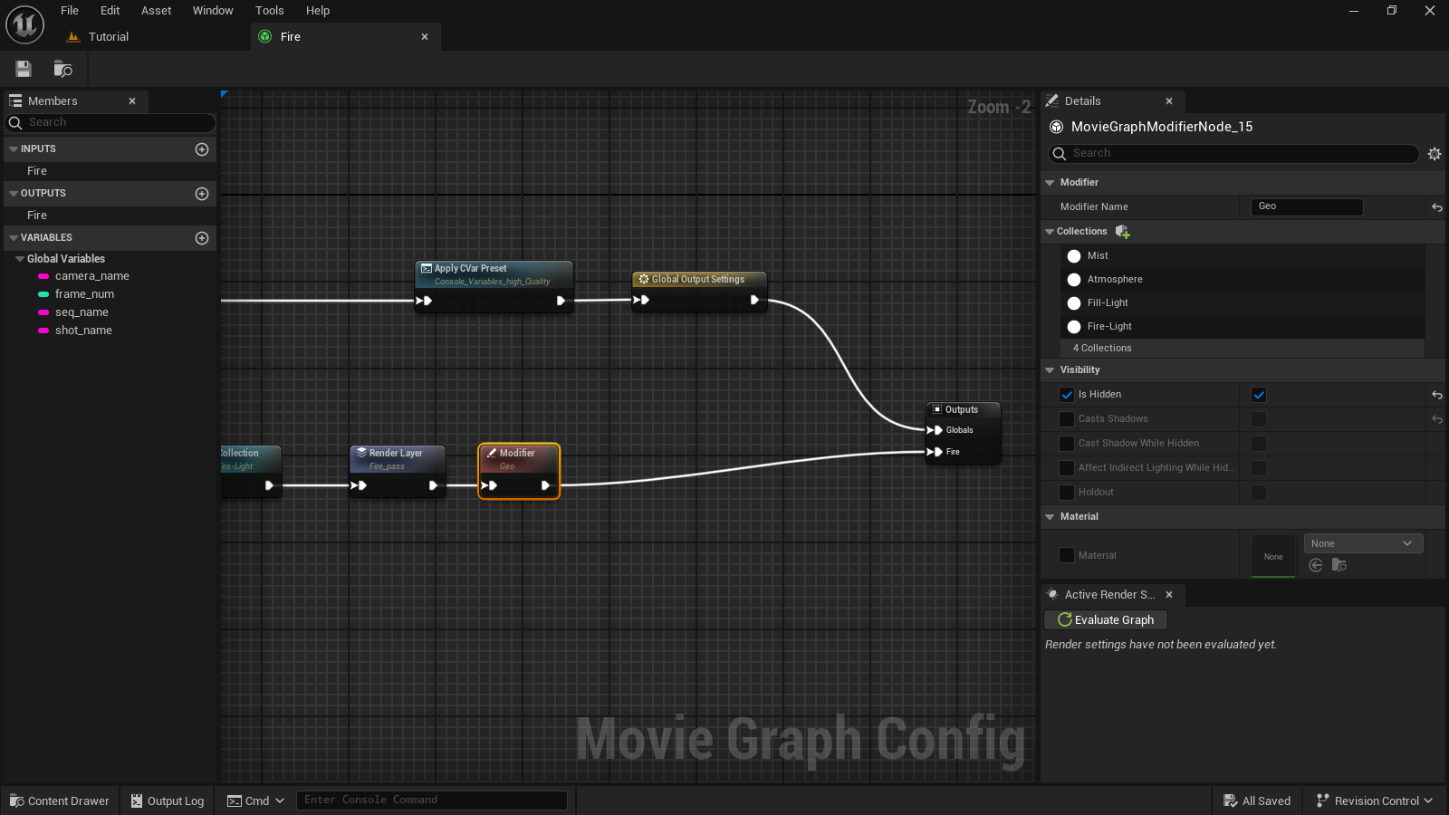 The Fire render layer isolates the Fire openvdb. Note that it's not necessary to hide the Geometry collection on the modifier.