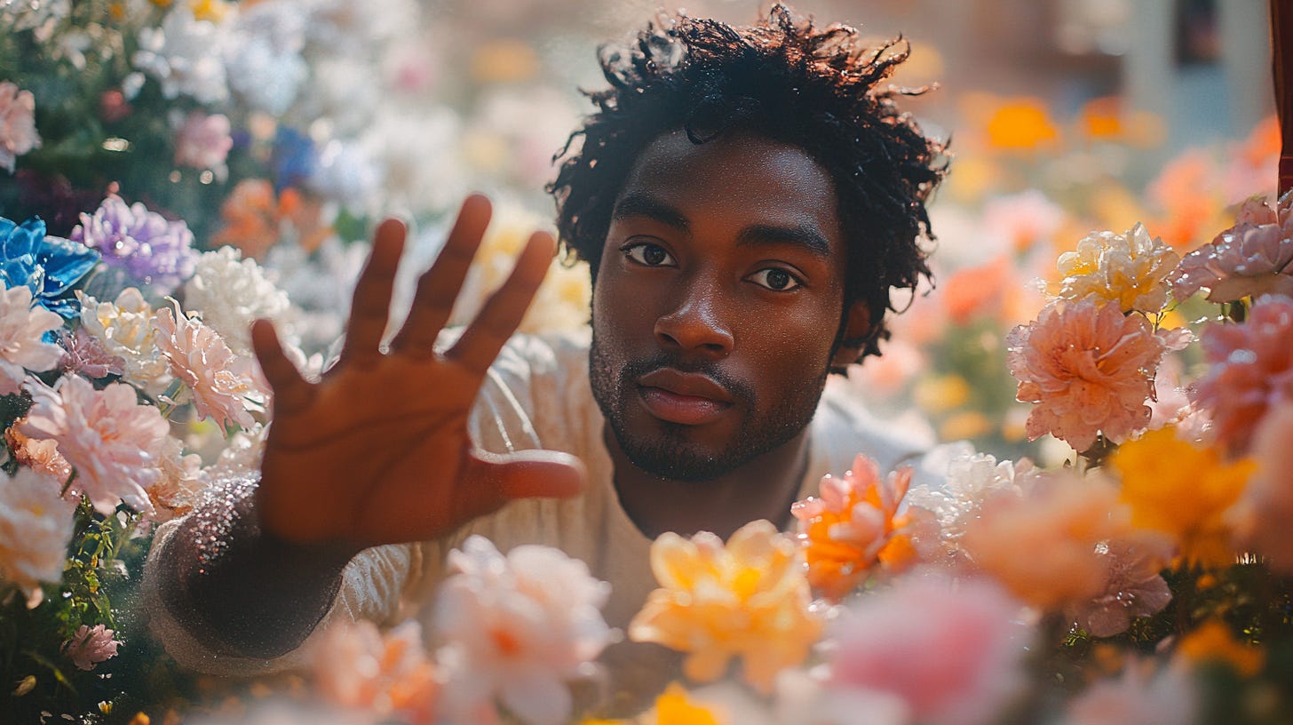 Young Black Man in the Dream Shop, reaching one hand towards the camera, dry face, five fingers, Spring morning, Muxia style, scene shooting 1000 translucent colorful wild flowers planted in the Monet garden, translucent petals can be clearly seen with crystal clear dew, magic, beautiful, romantic, dreamy, realistic, high-definition shooting by Miyazaki Hayao, HD