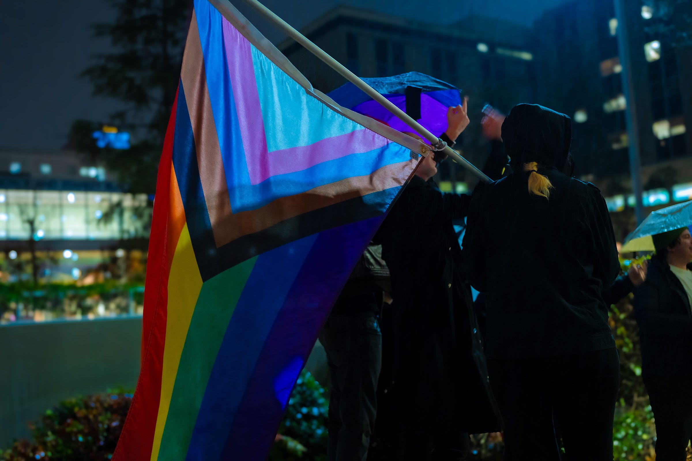 A person wearing a hood and ponytail holds a large Progress Pride flag. Another protestor is raising two middle fingers towards the hospital