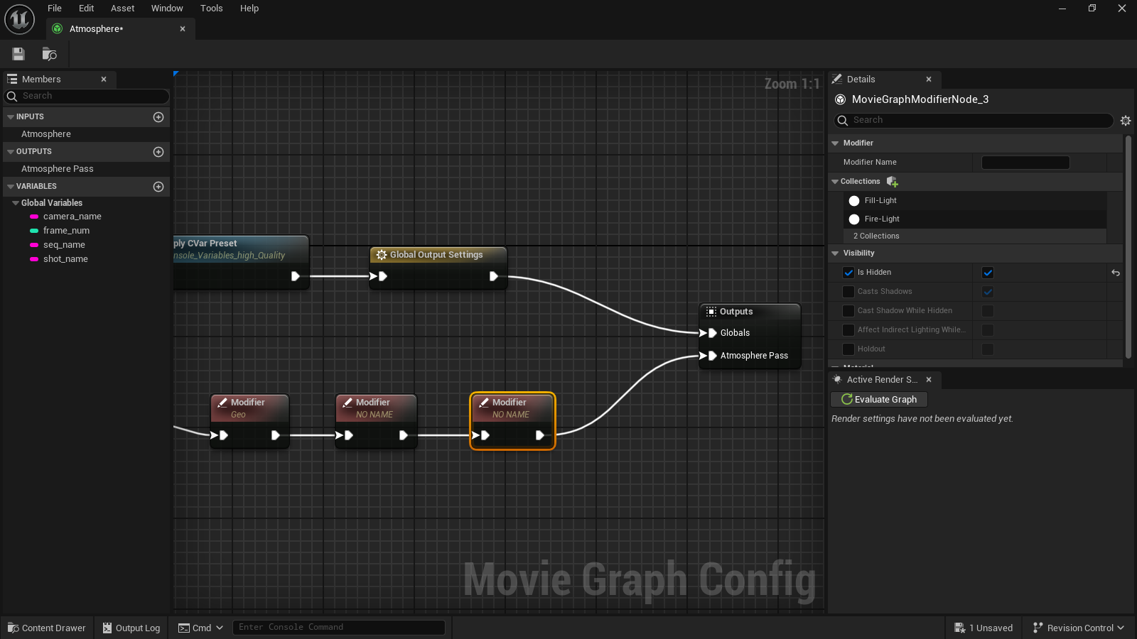 The last modifier node hides the Fire-light and the Fill-Light collection. Remember that this layer is only for the atmospheric lighting.