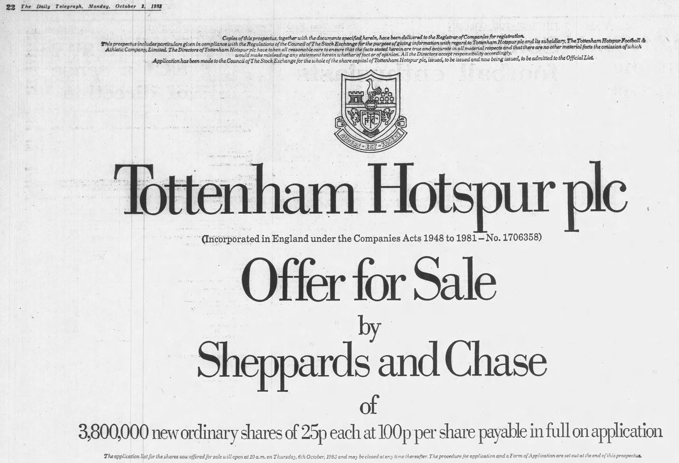 Tottenham Hotspurs Spurs Stock Offering 1983