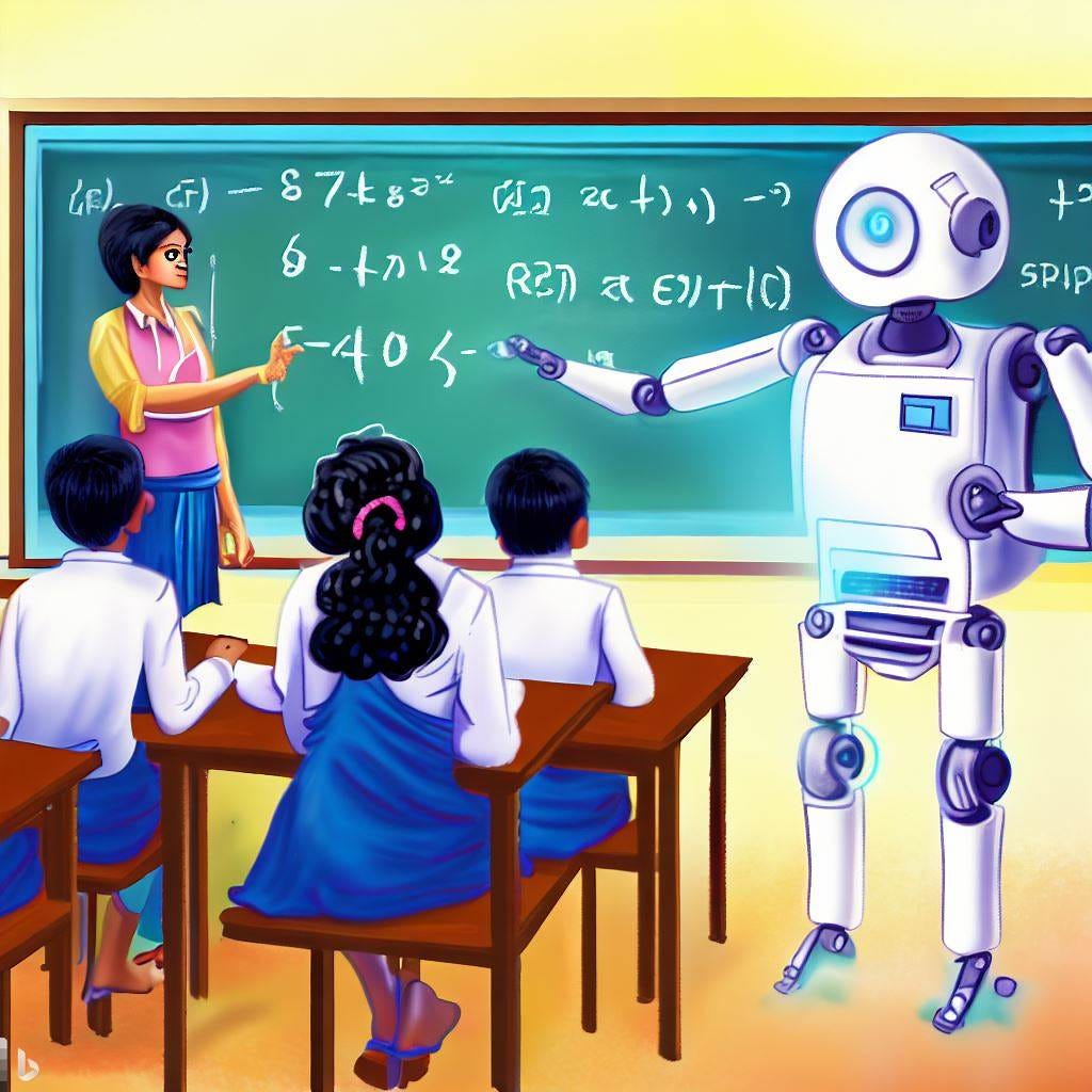 Teachers and Robot teaching the students in a class together, digital art