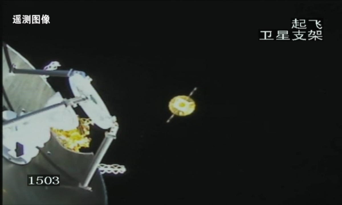 The Queqiao-2 satellite following deployment of its solar panel and antenna seen from the Tiandu-1 spacecraft. The Queqiao-2 satellite following deployment of its solar panel and antenna seen from the Tiandu-1 spacecraft.