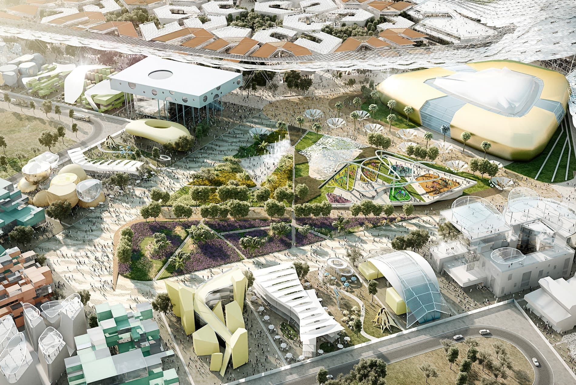 Digital rendering of a busy world-expo campus featuring exotic-looking buildings arranged around a triangular green space